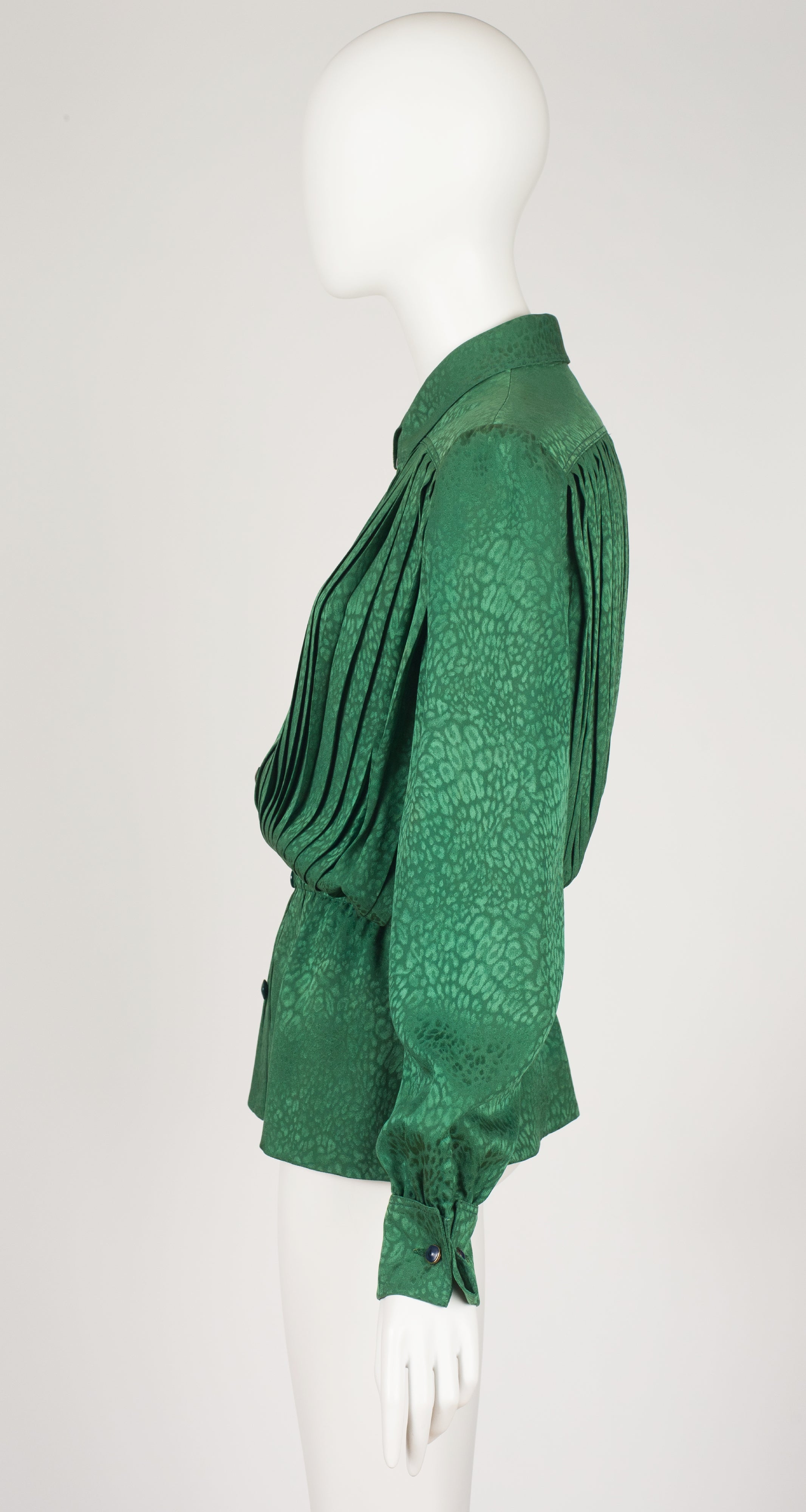 1980s Green Silk Jacquard Pleated Collared Blouse