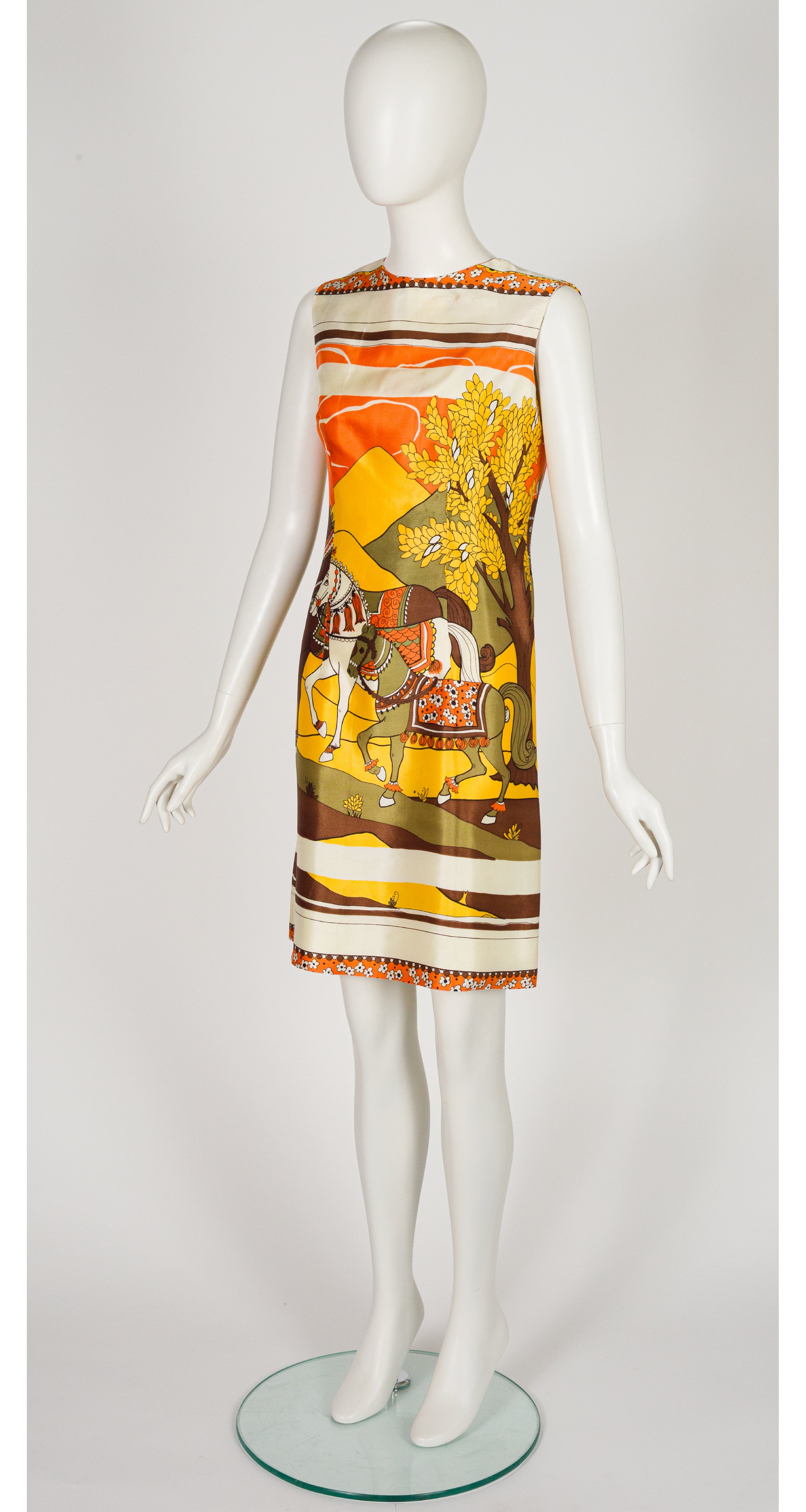 1960s Horse Scenic Print Twill Shift Dress
