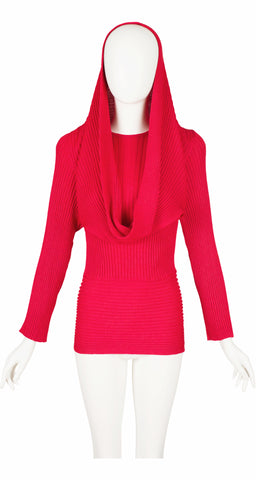 1980s Ribbed Red Wool Cowl Neck Sweater