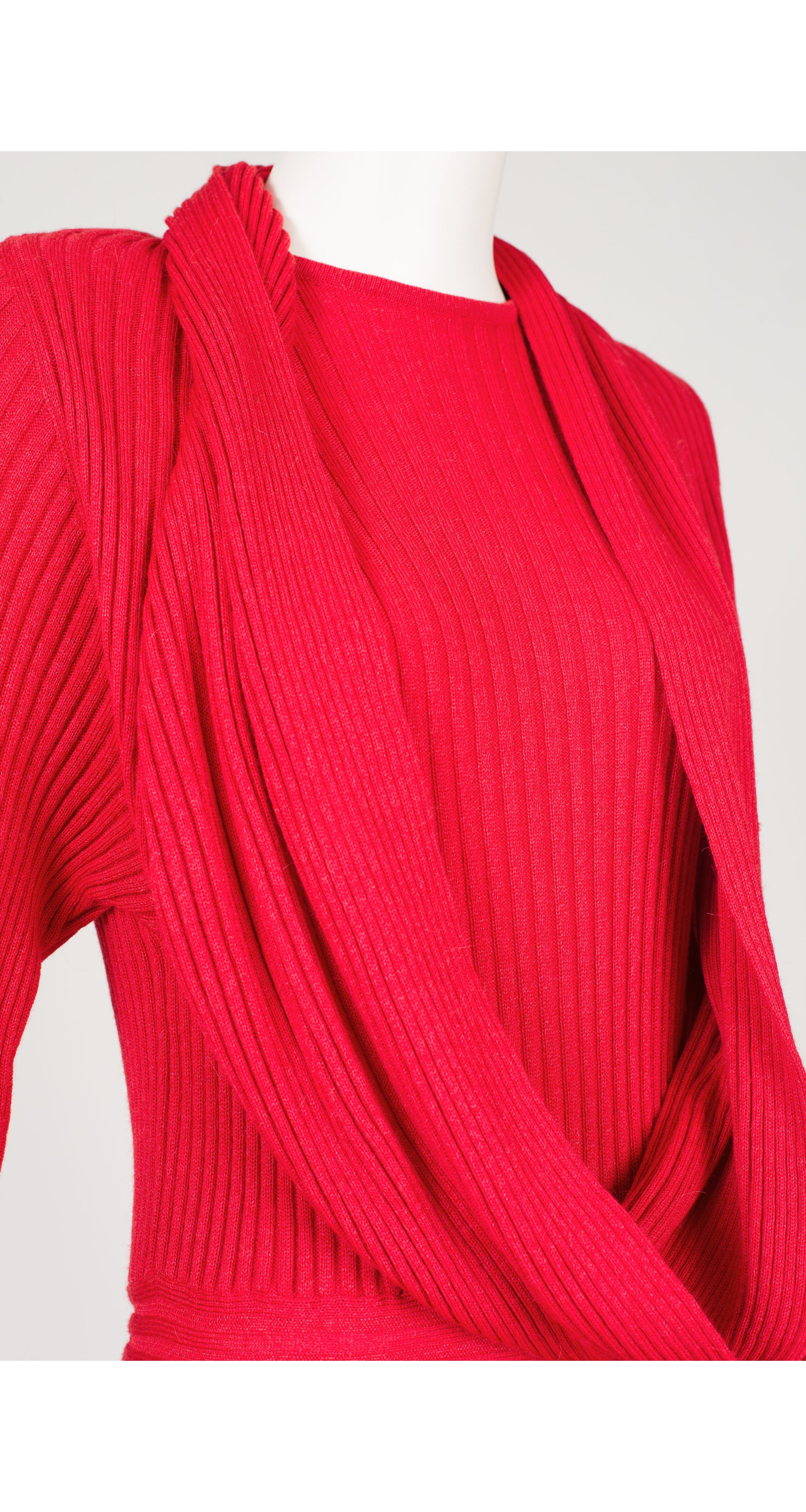 1980s Ribbed Red Wool Cowl Neck Sweater