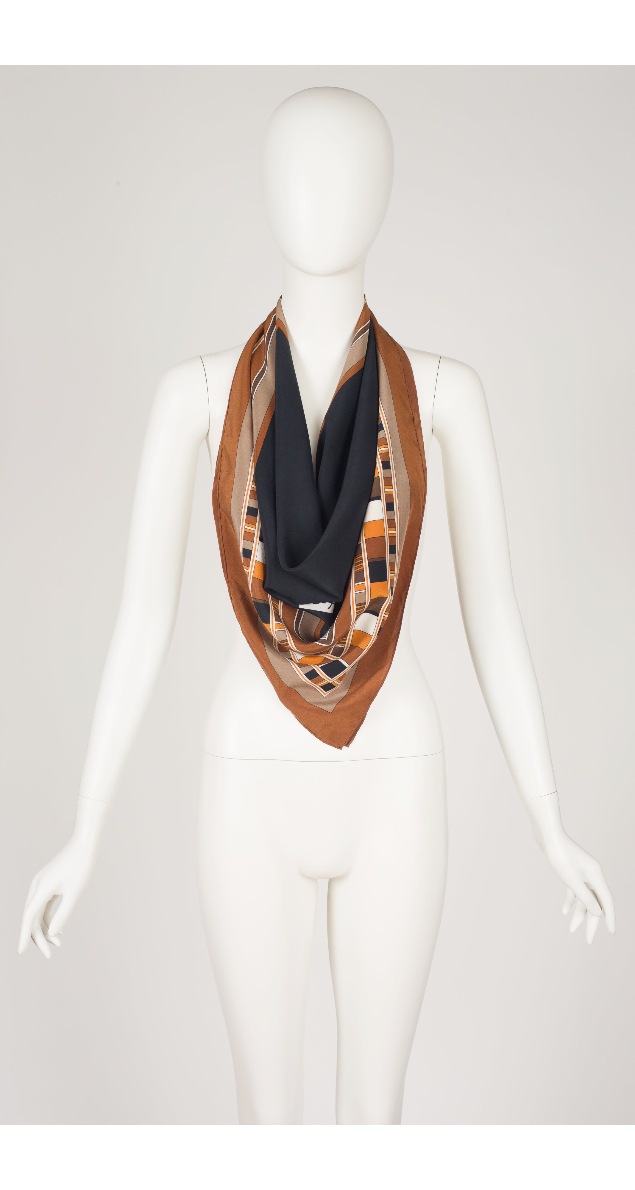 1970s Geometric Print Brown Silk Scarf