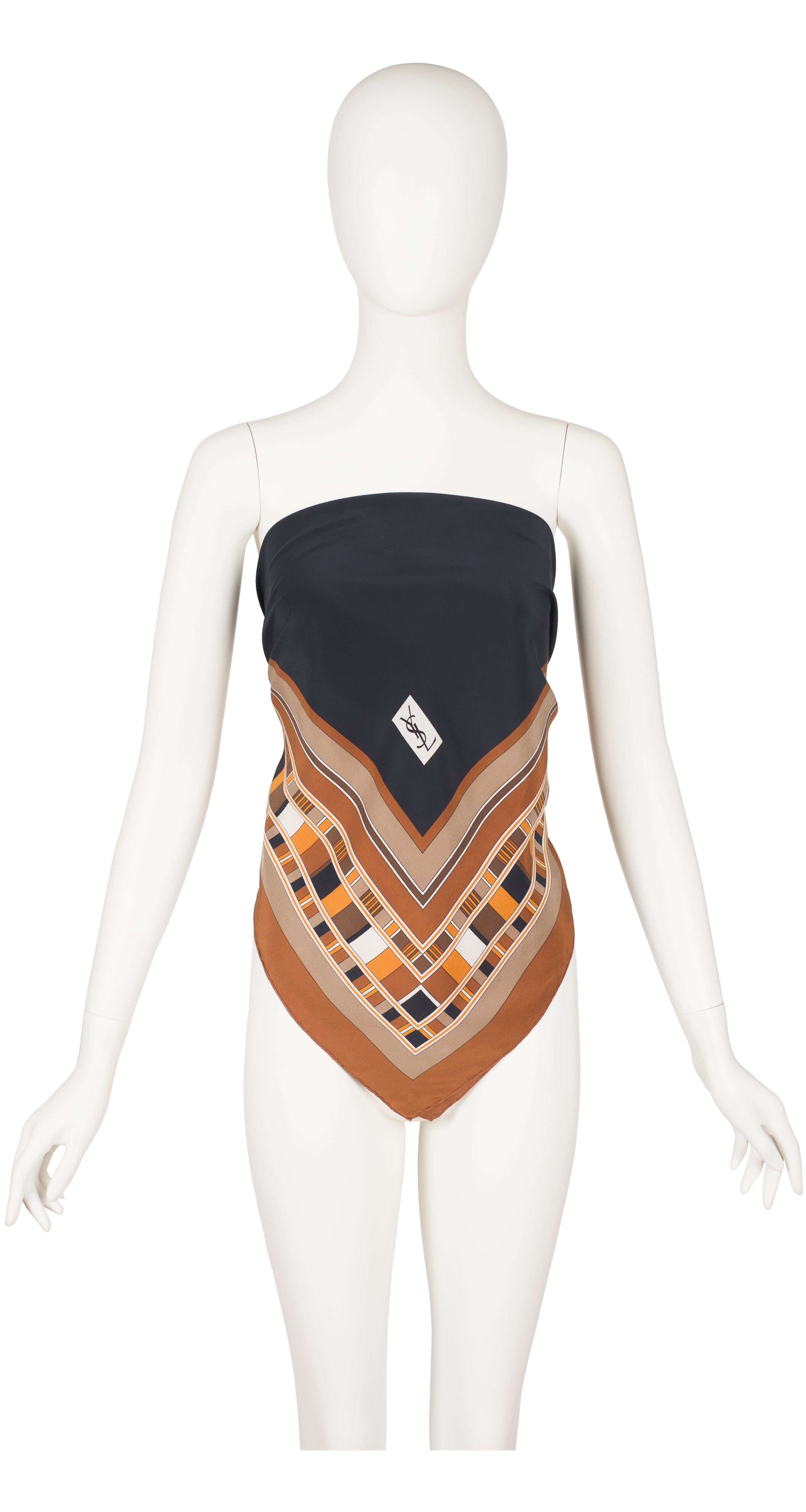 1970s Geometric Print Brown Silk Scarf