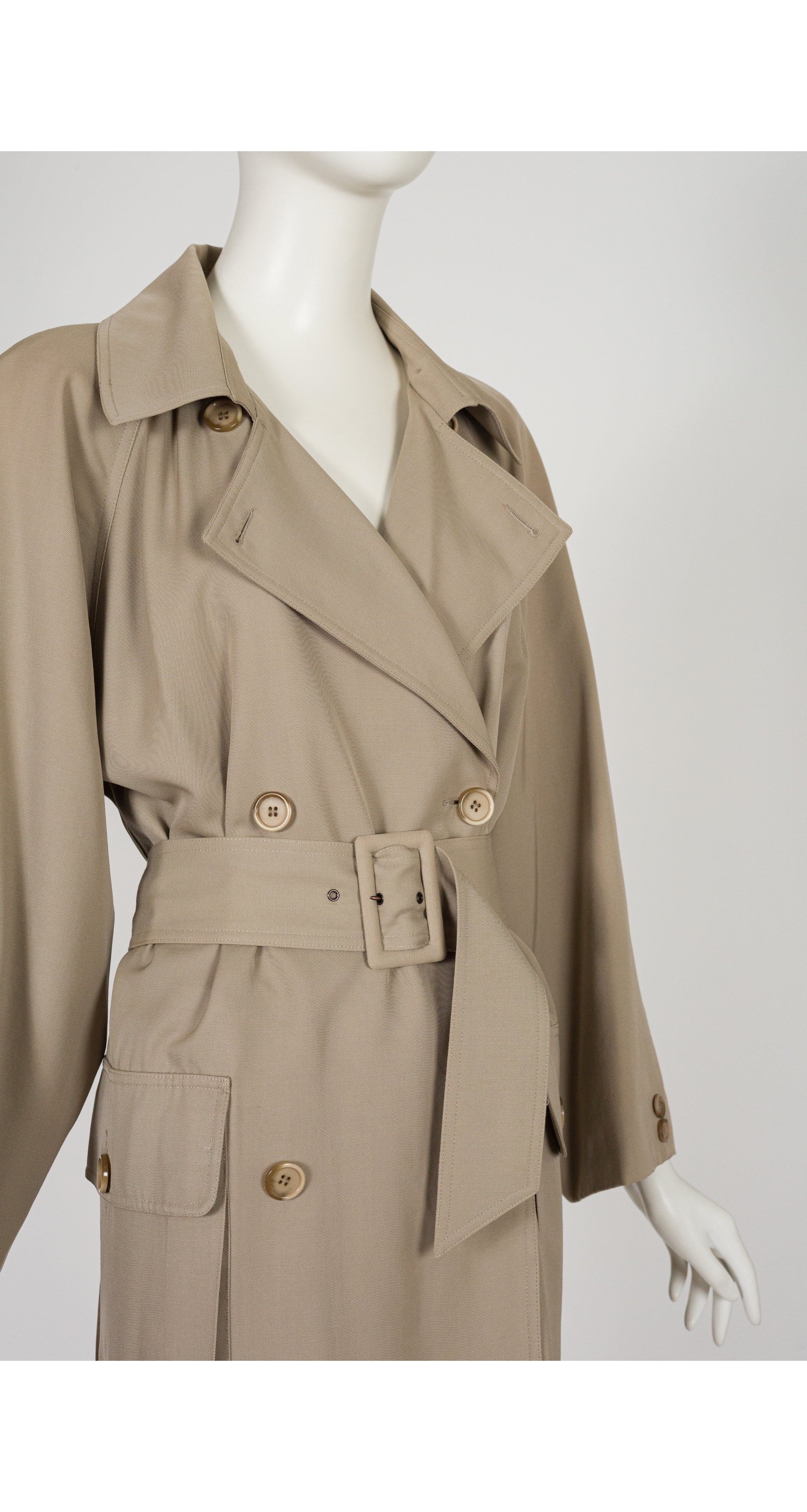 1980s Khaki Wool Gabardine Double-Breasted Trench Coat