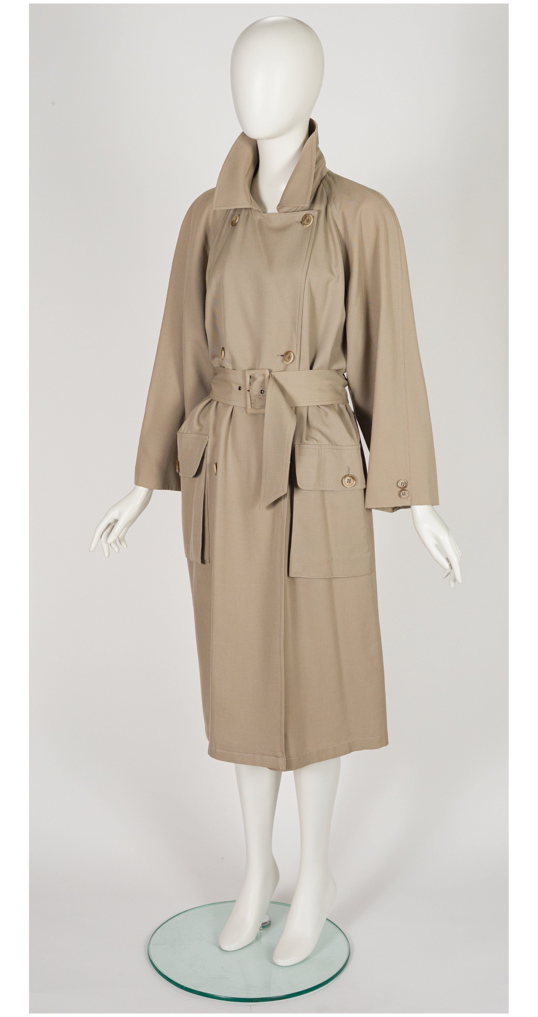 1980s Khaki Wool Gabardine Double-Breasted Trench Coat