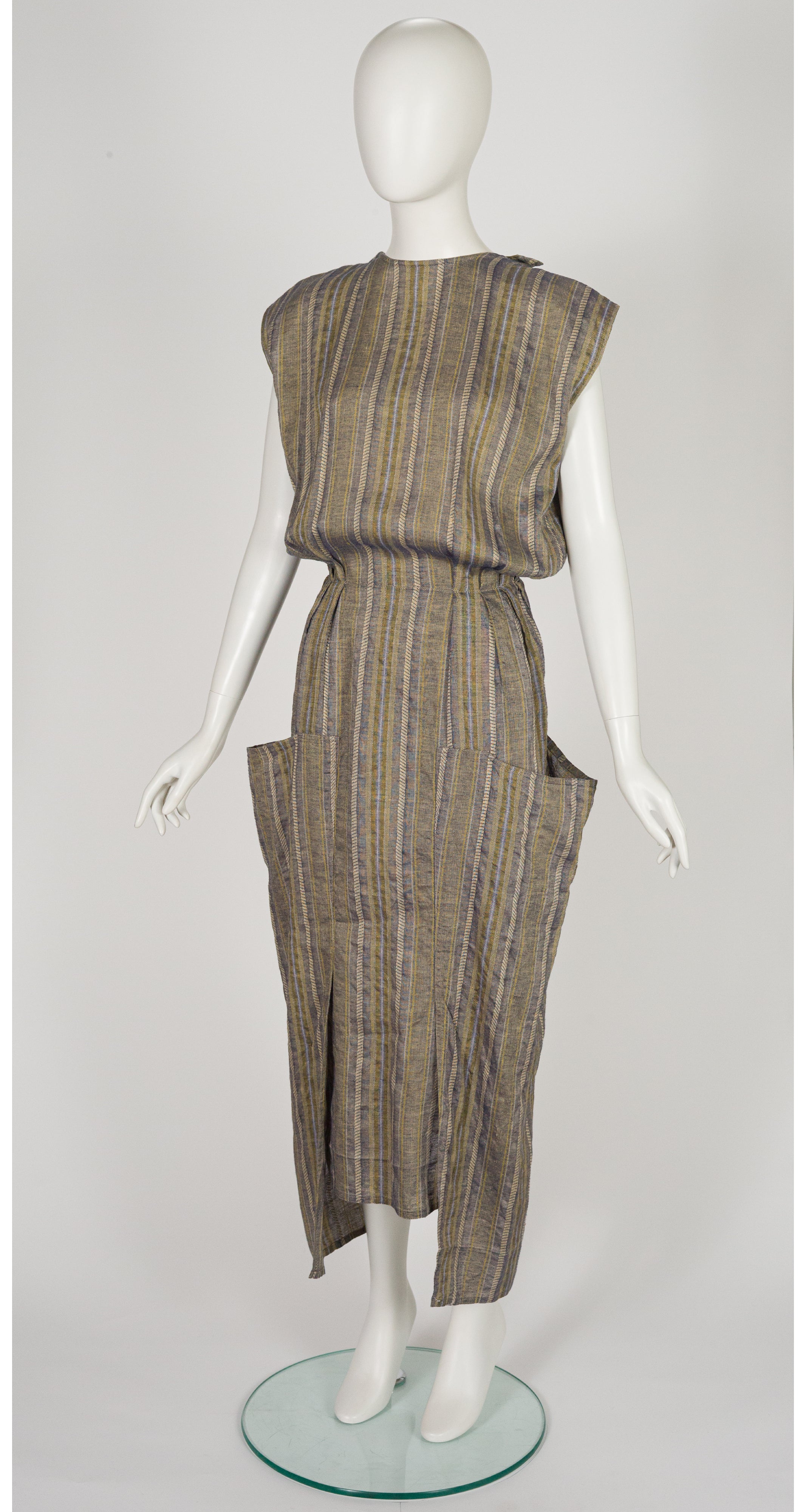 1980s Striped Linen Open-Back Midi Dress