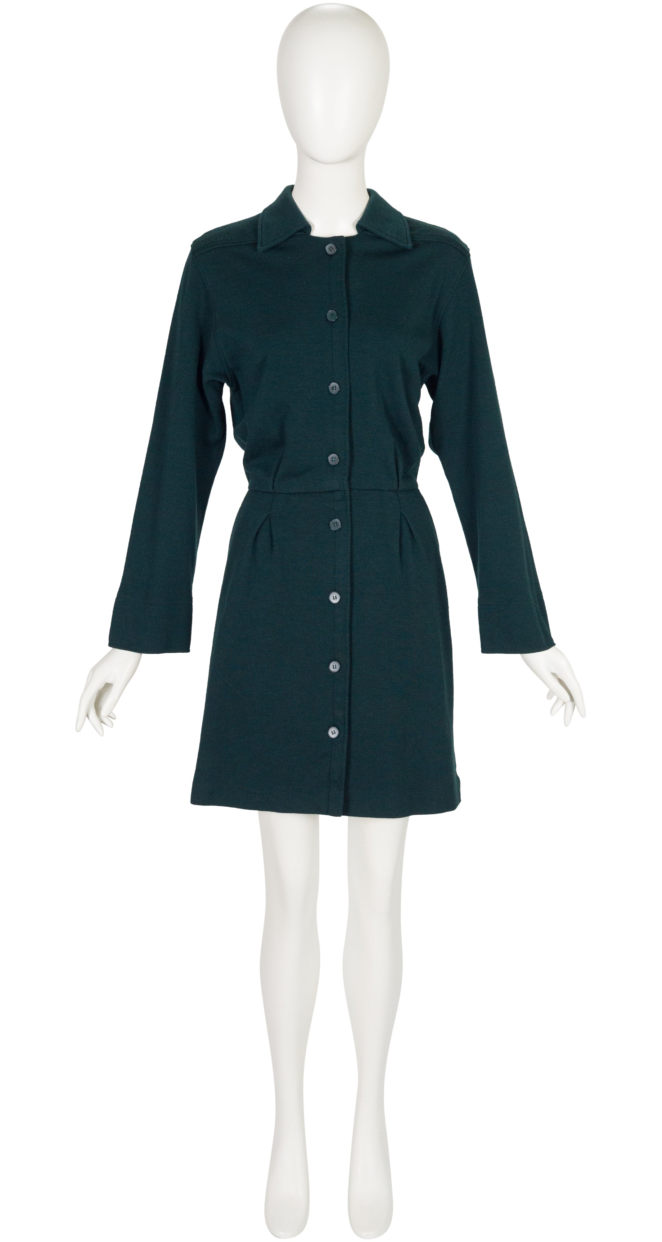 1970s Dark Green Wool Jersey Shirt Dress