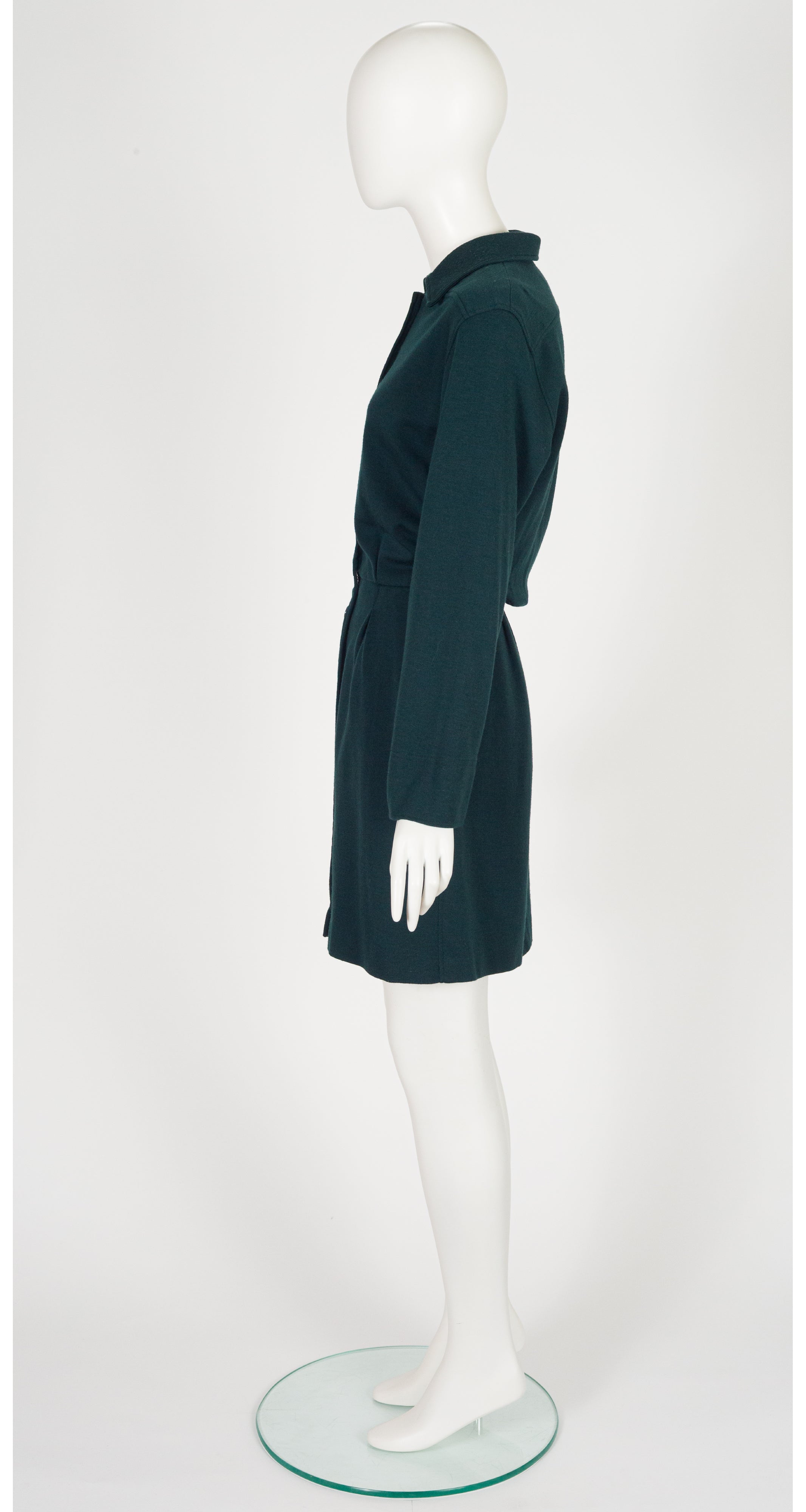 1970s Dark Green Wool Jersey Shirt Dress