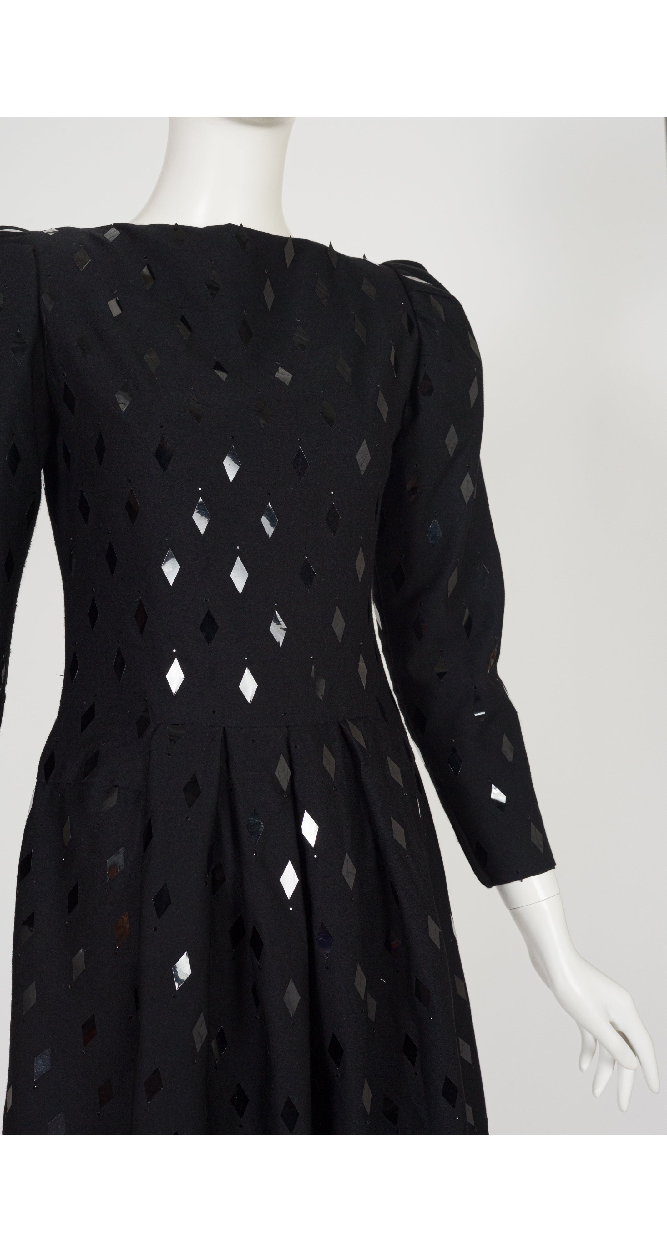 1980s Demi-Couture Harlequin Sequin Black Wool Dress