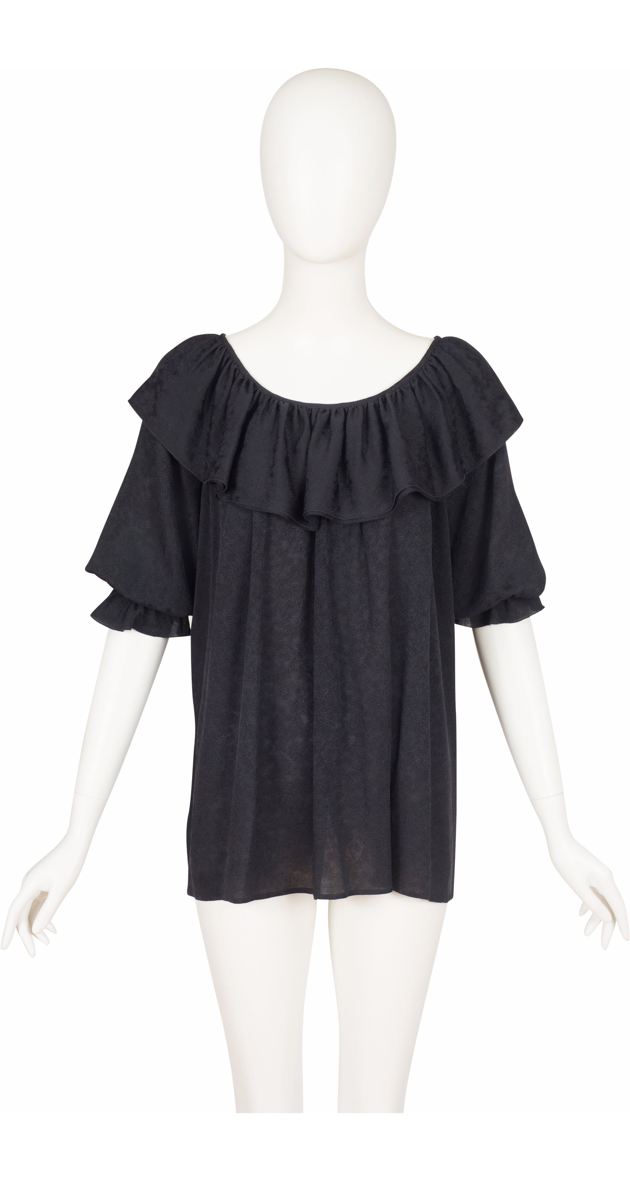 1970s Black Silk Jacquard Ruffle Collar Puff Sleeve Blouse