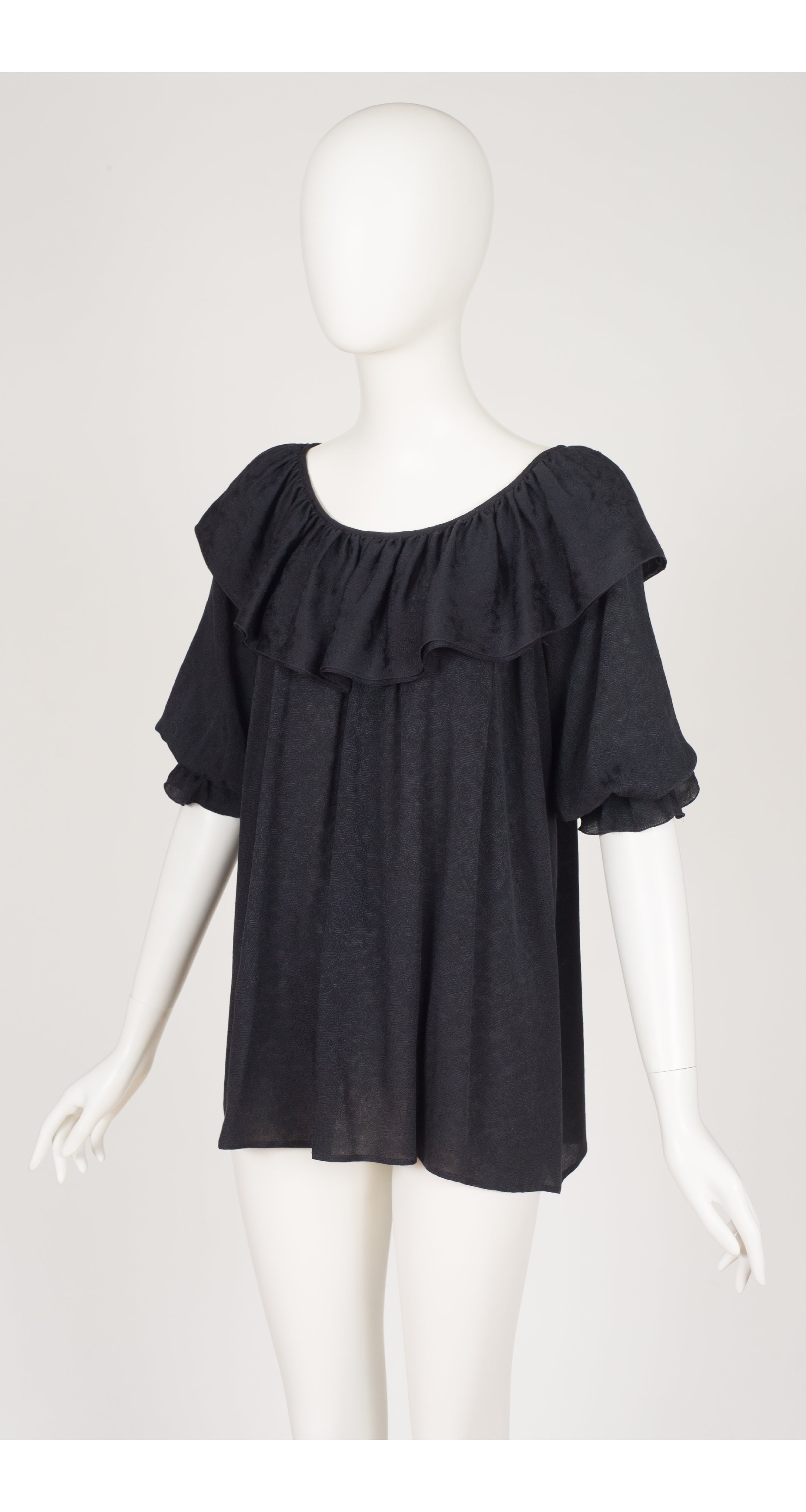 1970s Black Silk Jacquard Ruffle Collar Puff Sleeve Blouse