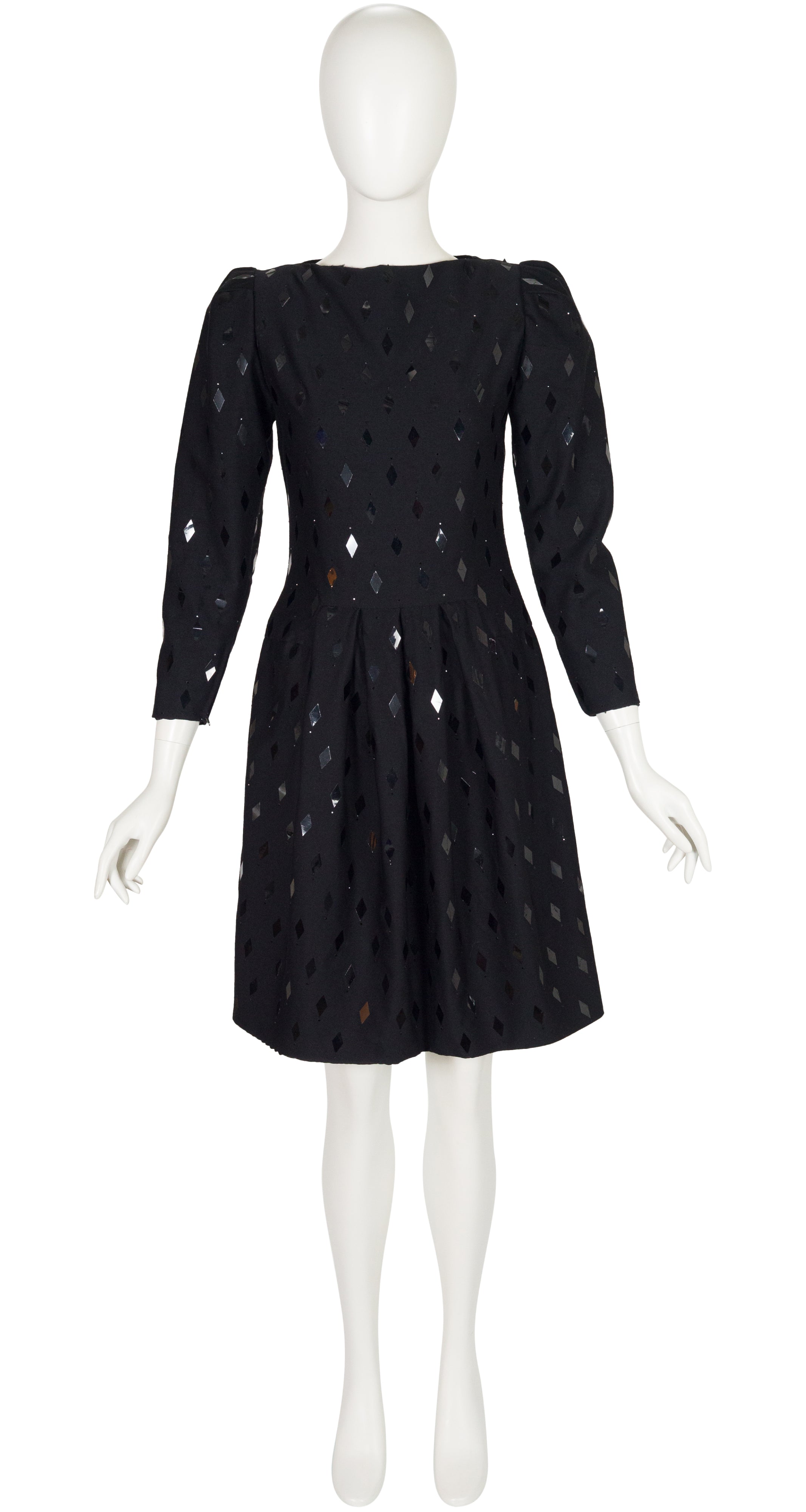 1980s Demi-Couture Harlequin Sequin Black Wool Dress