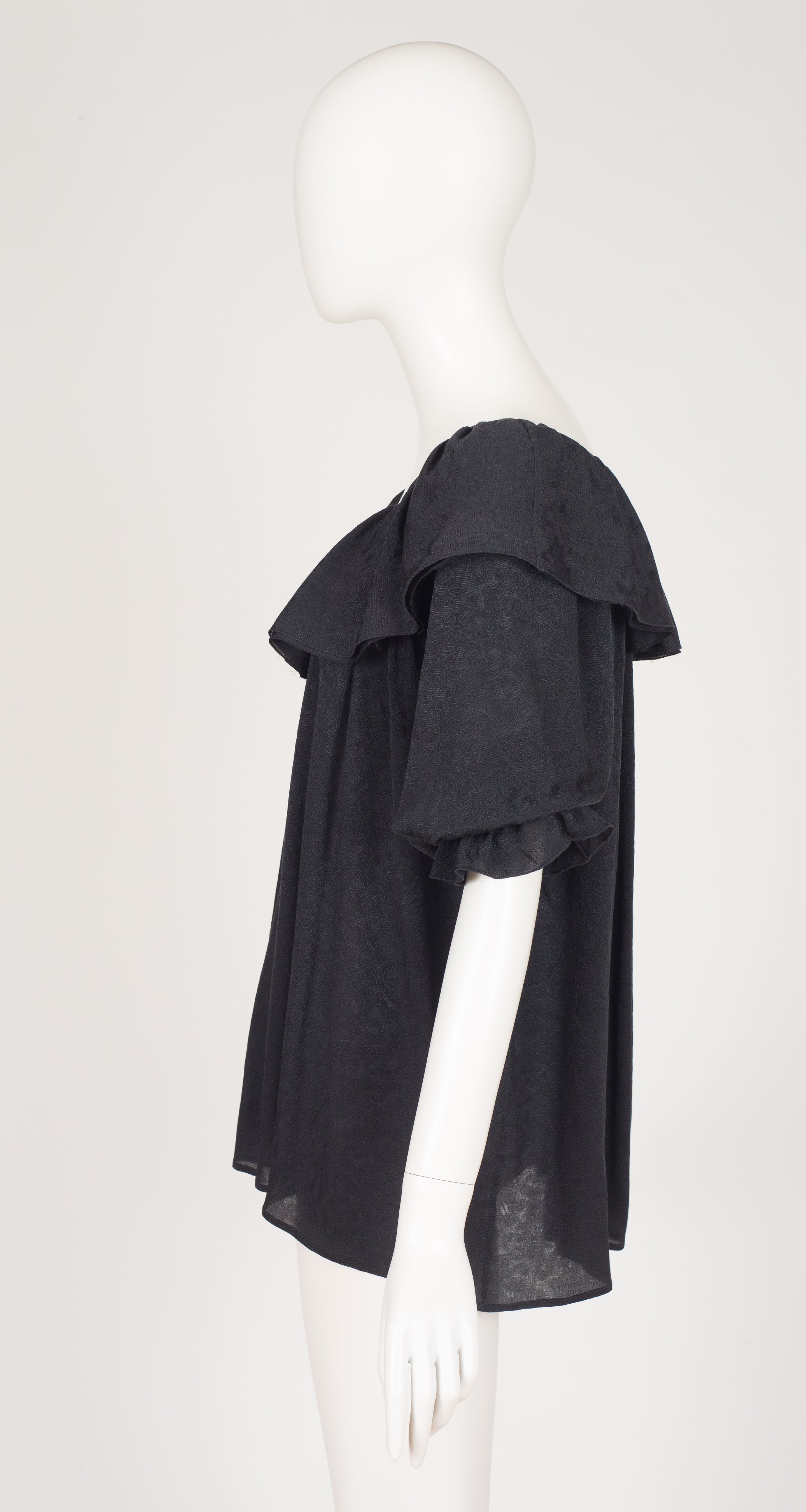 1970s Black Silk Jacquard Ruffle Collar Puff Sleeve Blouse