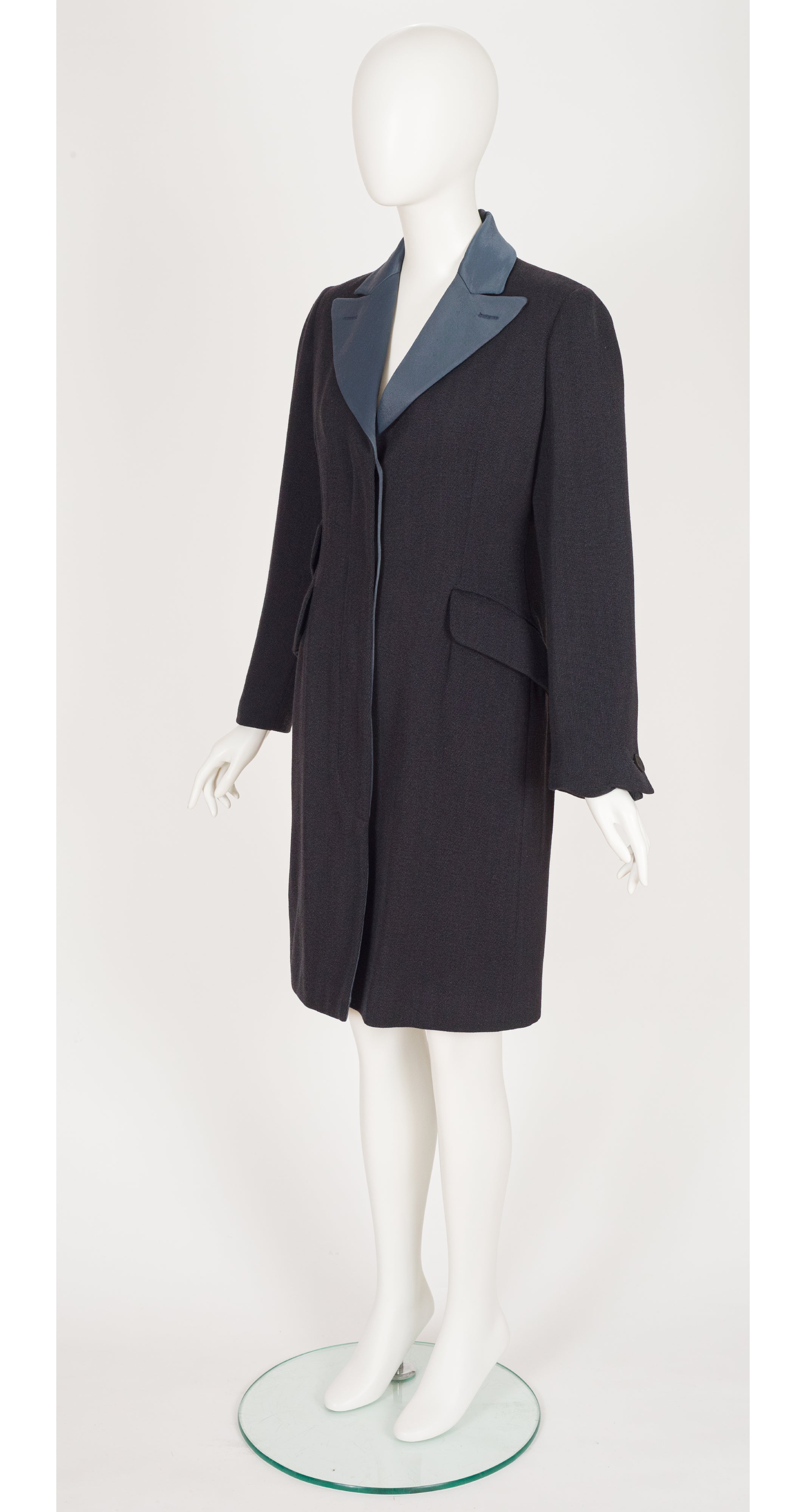 1995 F/W NWT Gray Wool Gabardine Satin Lapel Coat