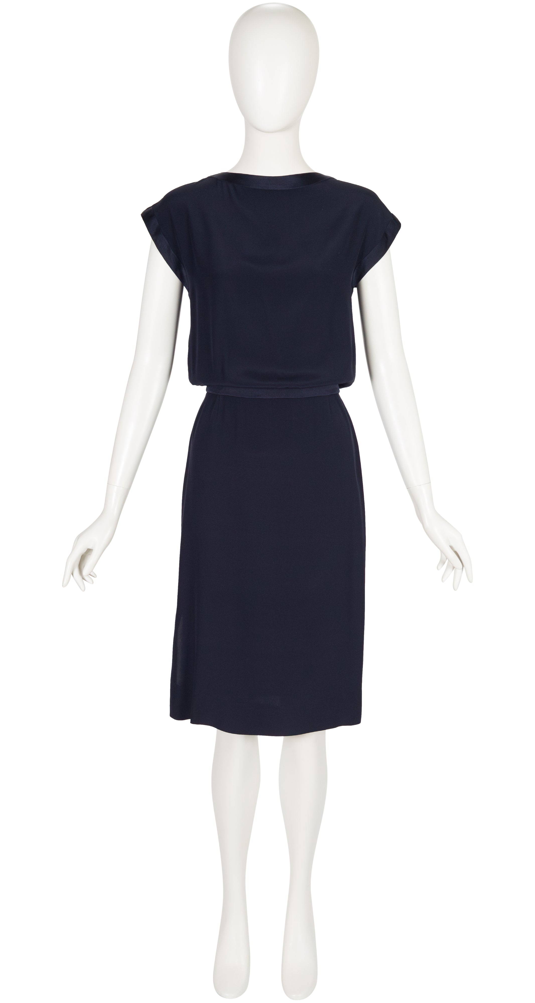 1983 S/S Navy Silk Blouson Cap Sleeve Dress
