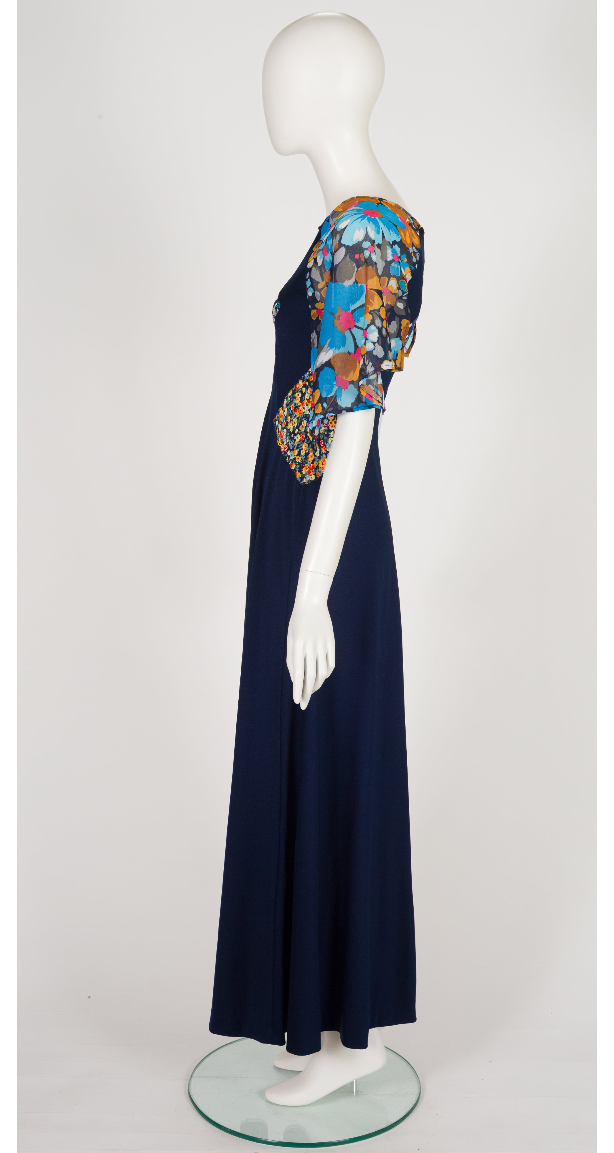 1970s Floral Patchwork Navy Jersey Maxi Dress