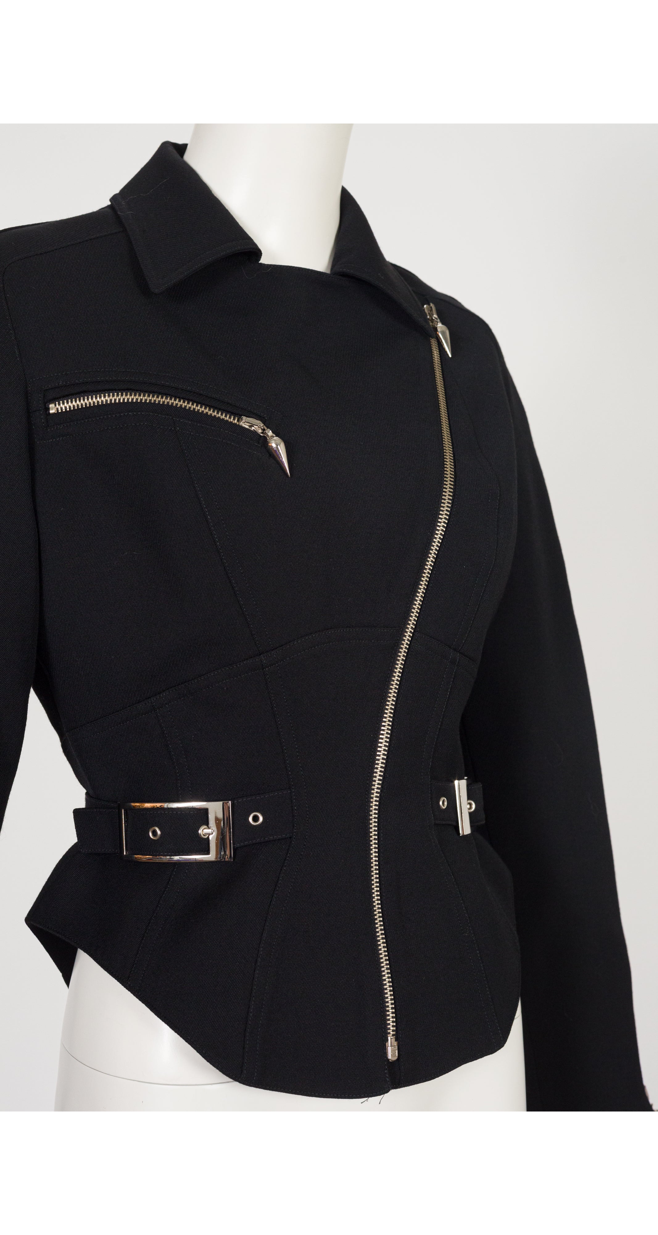 1990s Black Wool Gabardine Zip-Up Moto Jacket