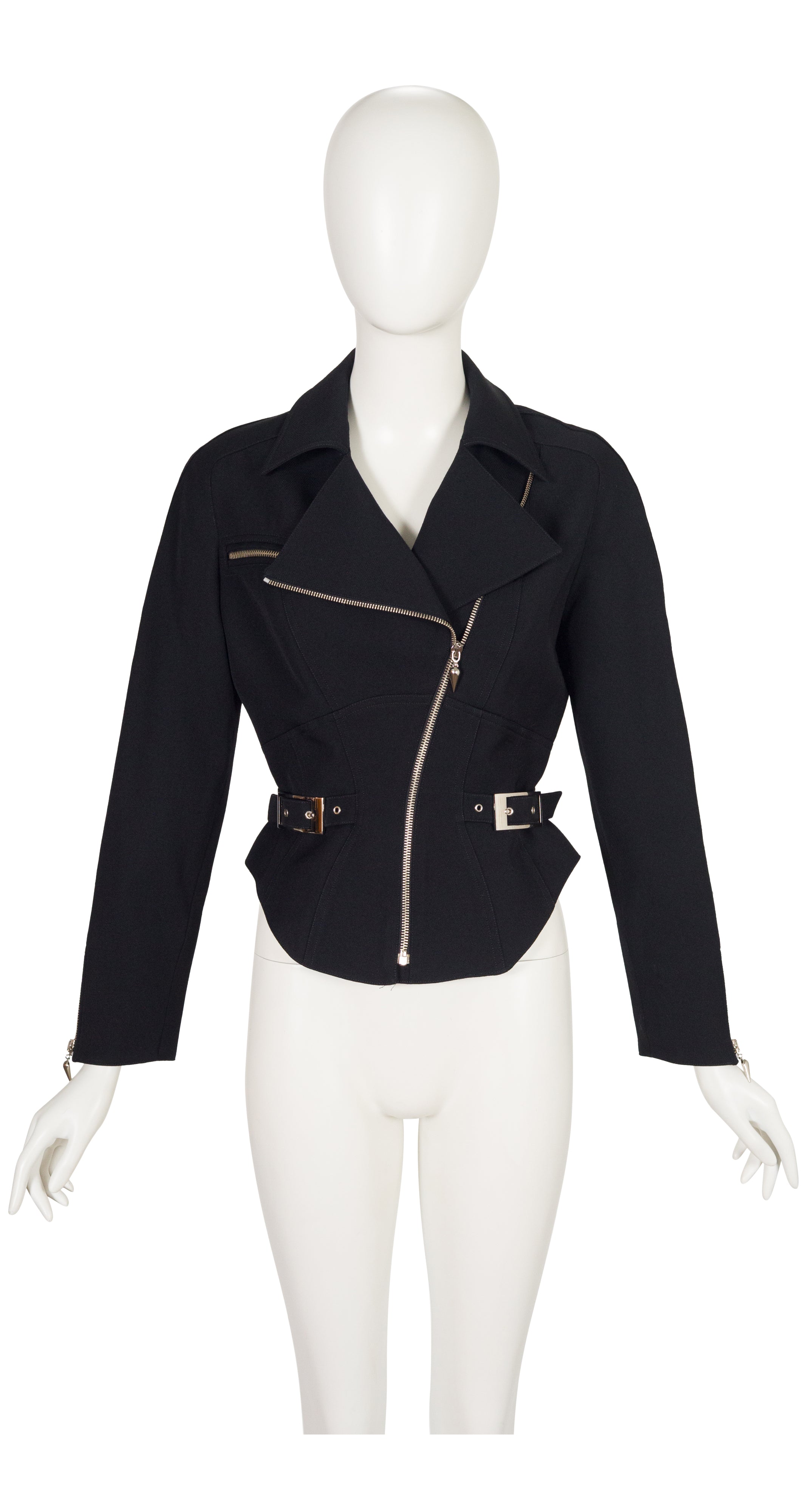 1990s Black Wool Gabardine Zip-Up Moto Jacket