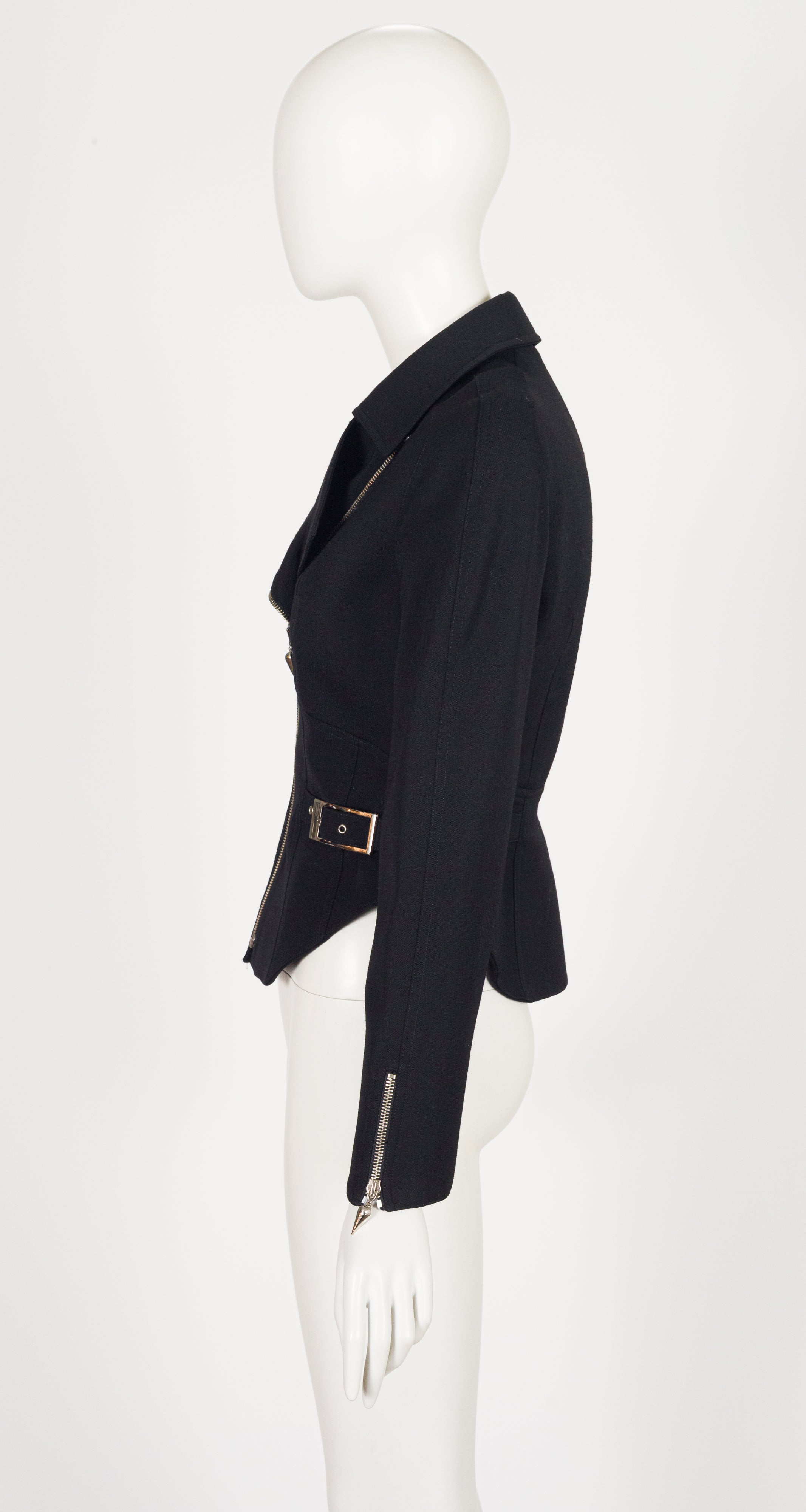 1990s Black Wool Gabardine Zip-Up Moto Jacket