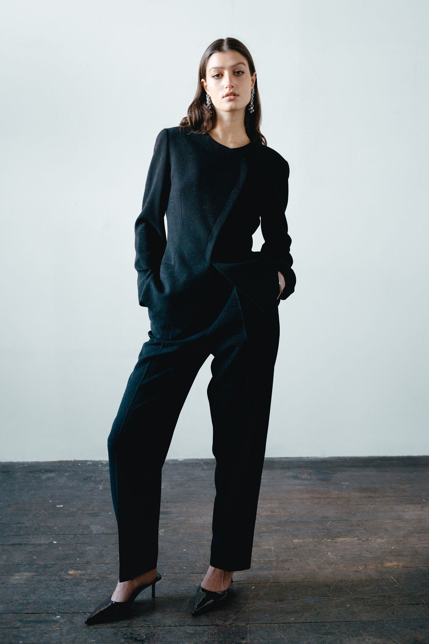 1990s Metallic Black Lurex Wool Straight Leg Pant Suit