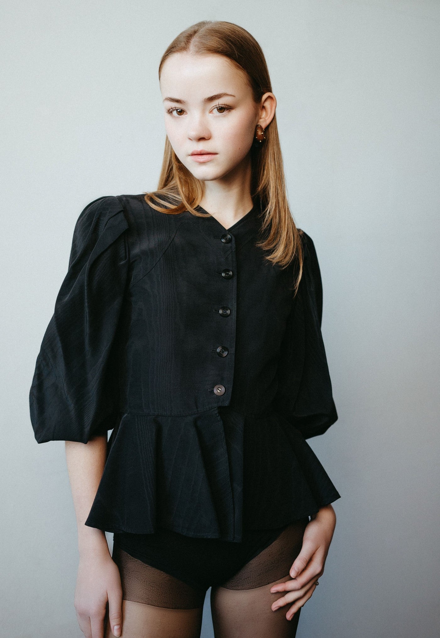 1980s Black Moiré Puff Sleeve Peplum Jacket