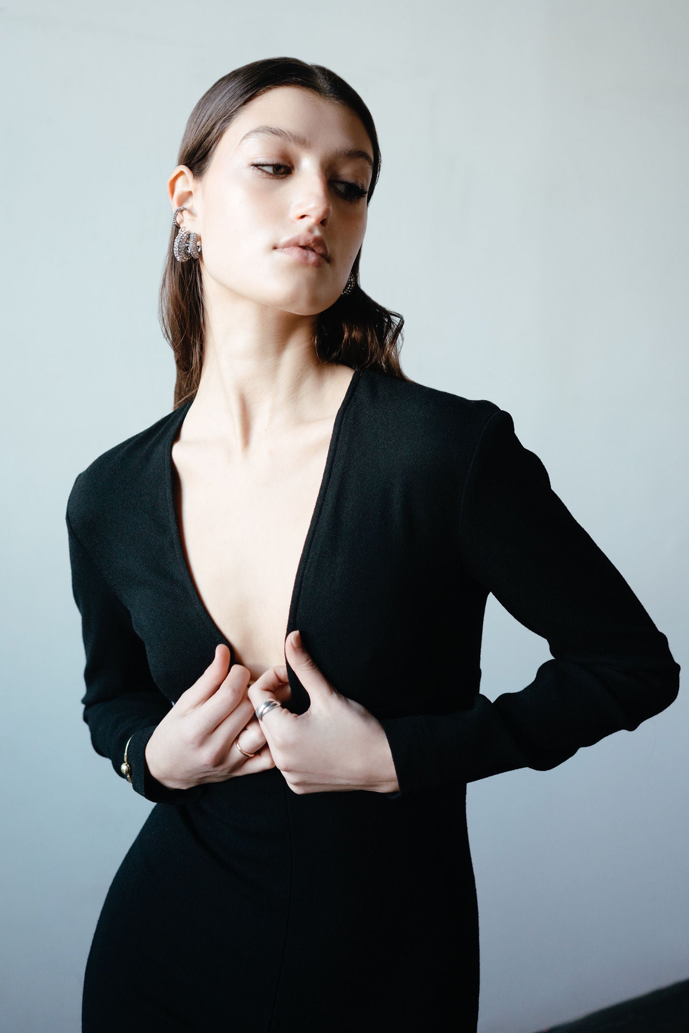 1991-92 F/W Black Wool Crepe Plunge Neck Jumpsuit