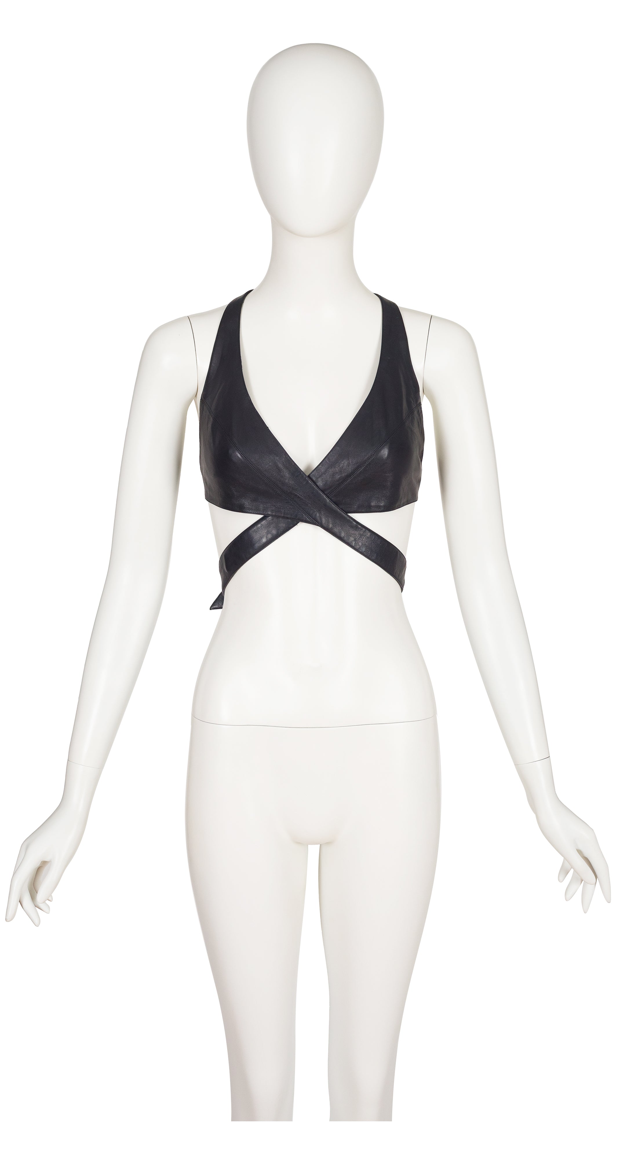 1980s Black Leather Racerback Wrap Bra Top