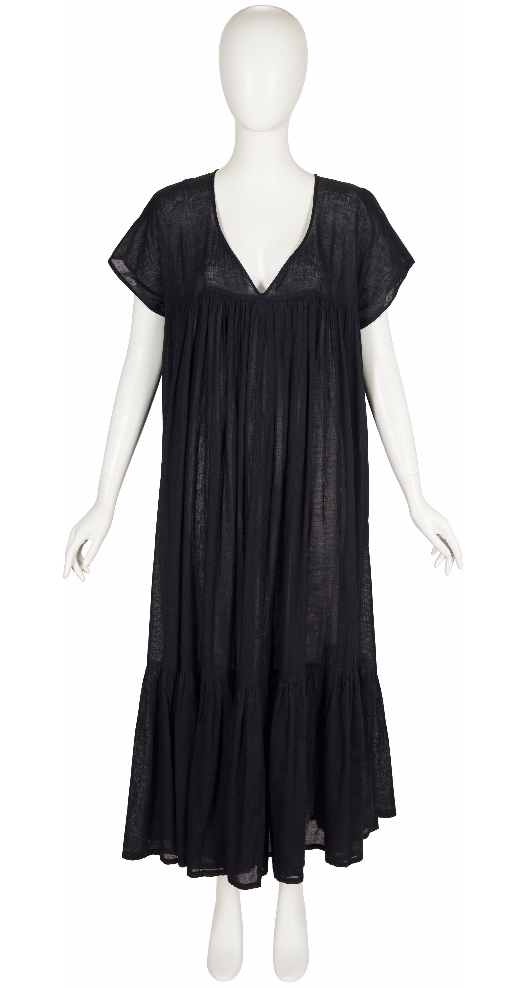 1970s Black Cotton Gauze V-Neck Tent Dress