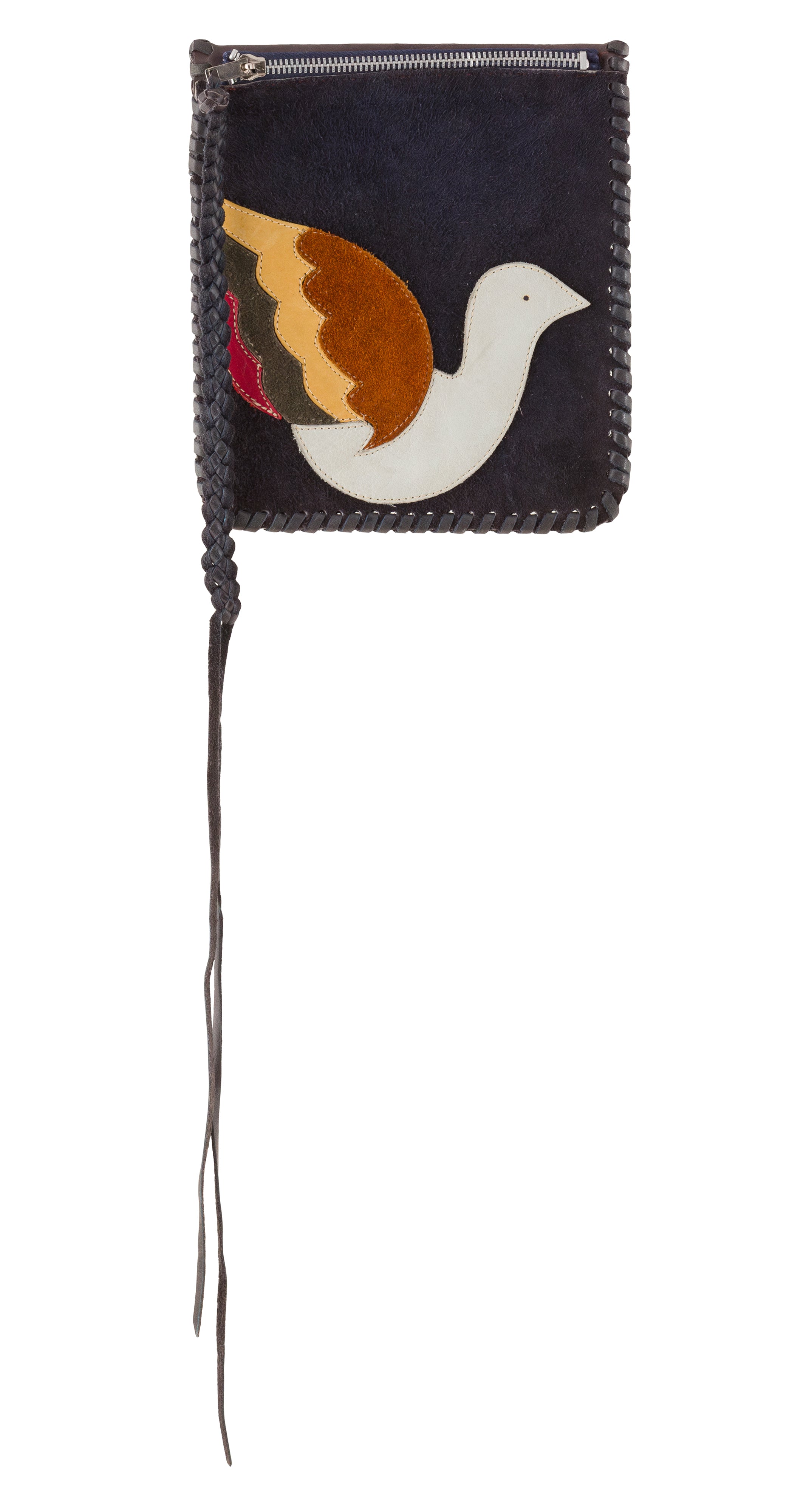 1970s Bird Applique Whipstitch Leather Pochette Bag