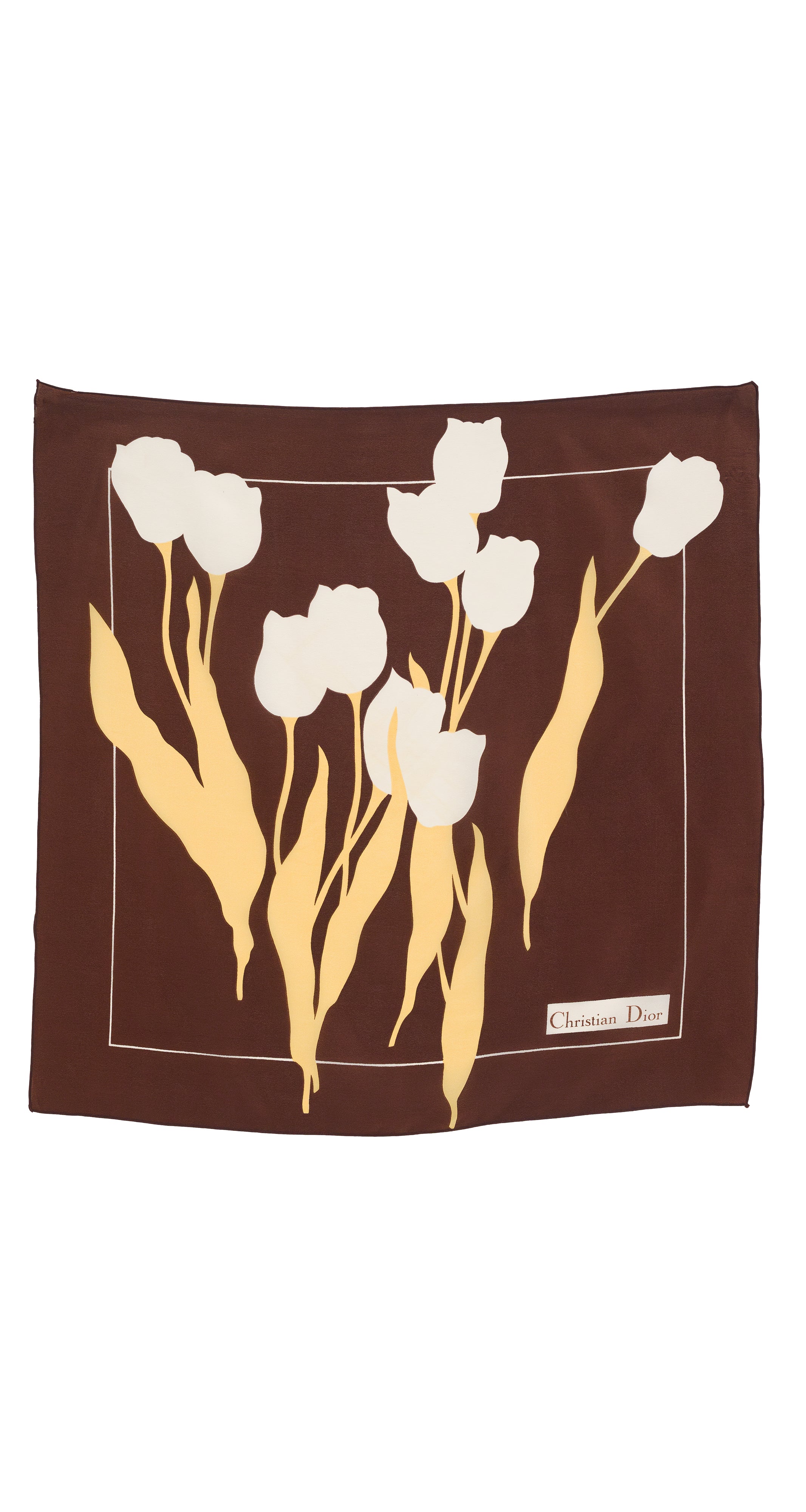 1970s 22" Tulip Print Brown Silk Scarf