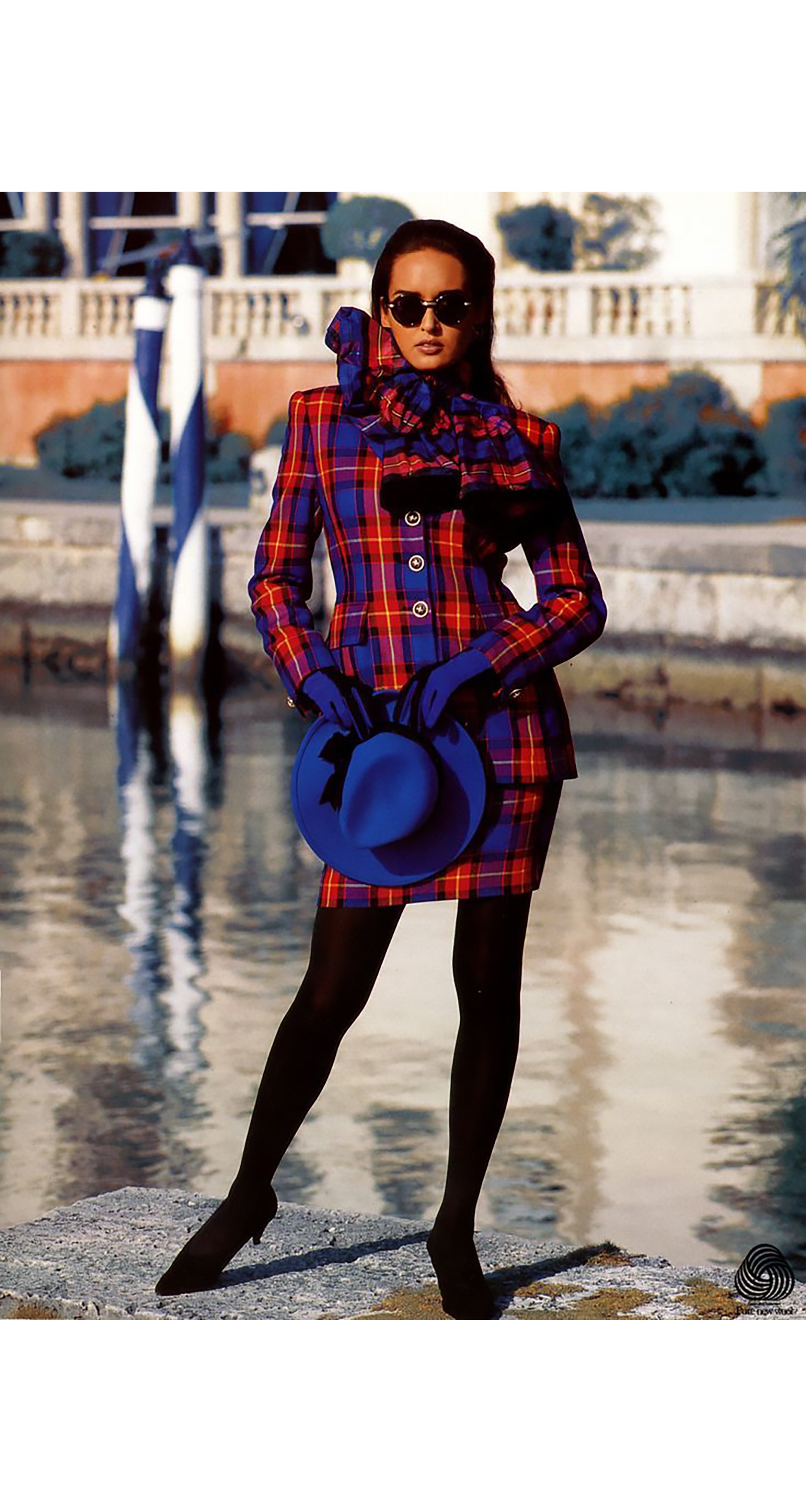 1992 F/W Blue & Red Plaid Silk Taffeta Tie-Neck Blouse