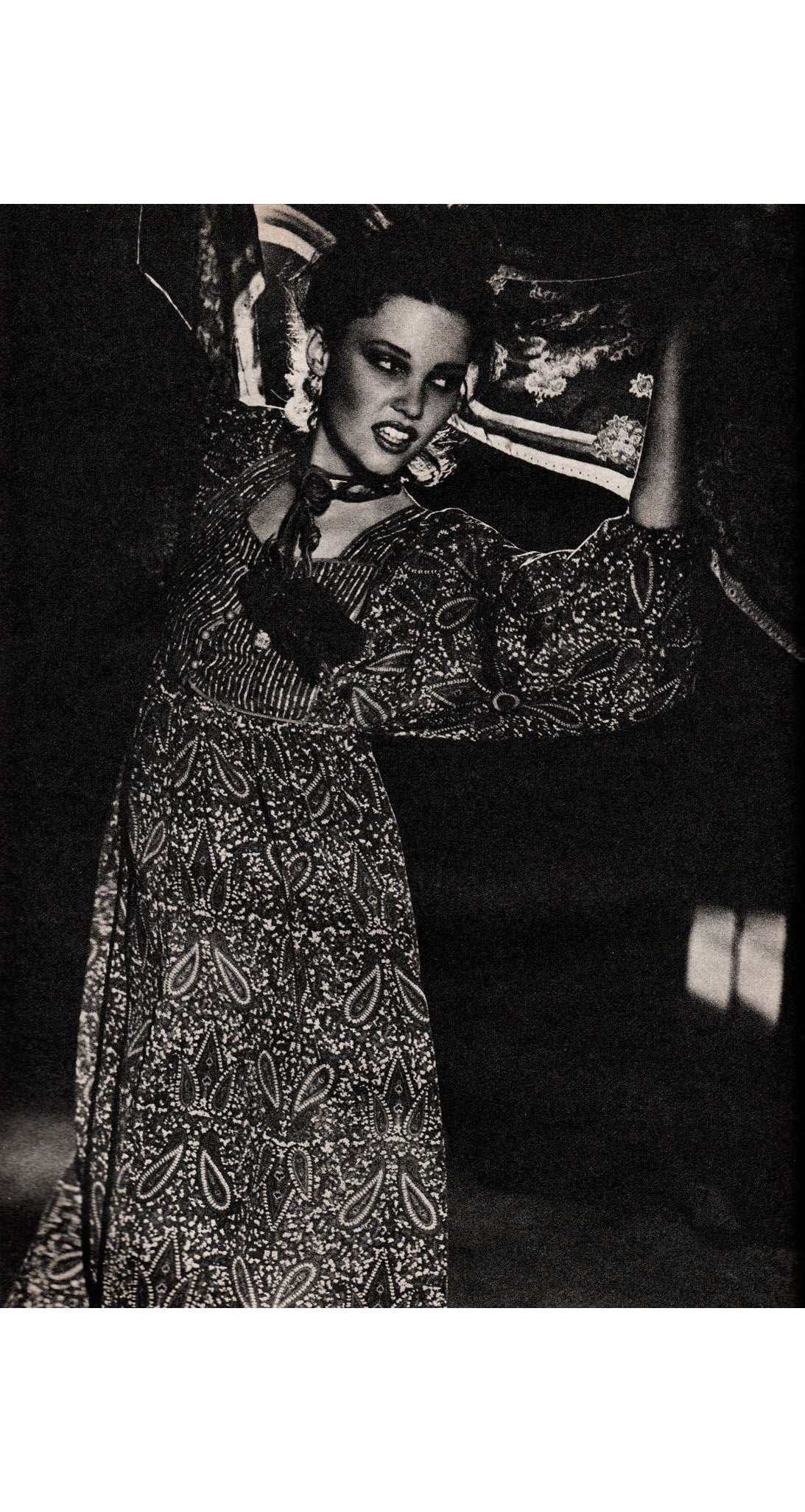 1977 S/S Paisley Blue Silk Balloon Sleeve Bib Dress