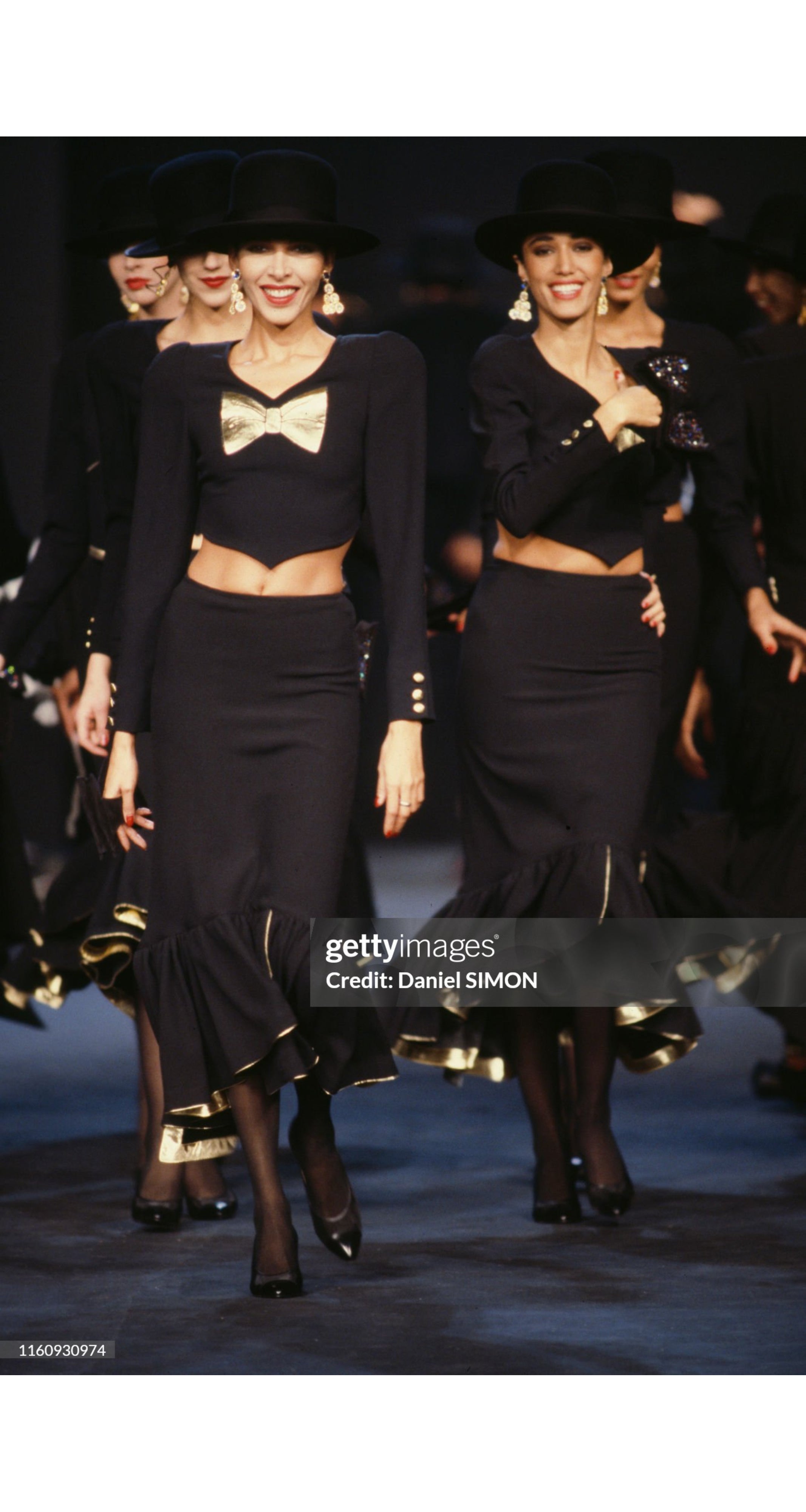 1987 S/S Gold Trim Black Rayon Crepe Jacket & Skirt Set