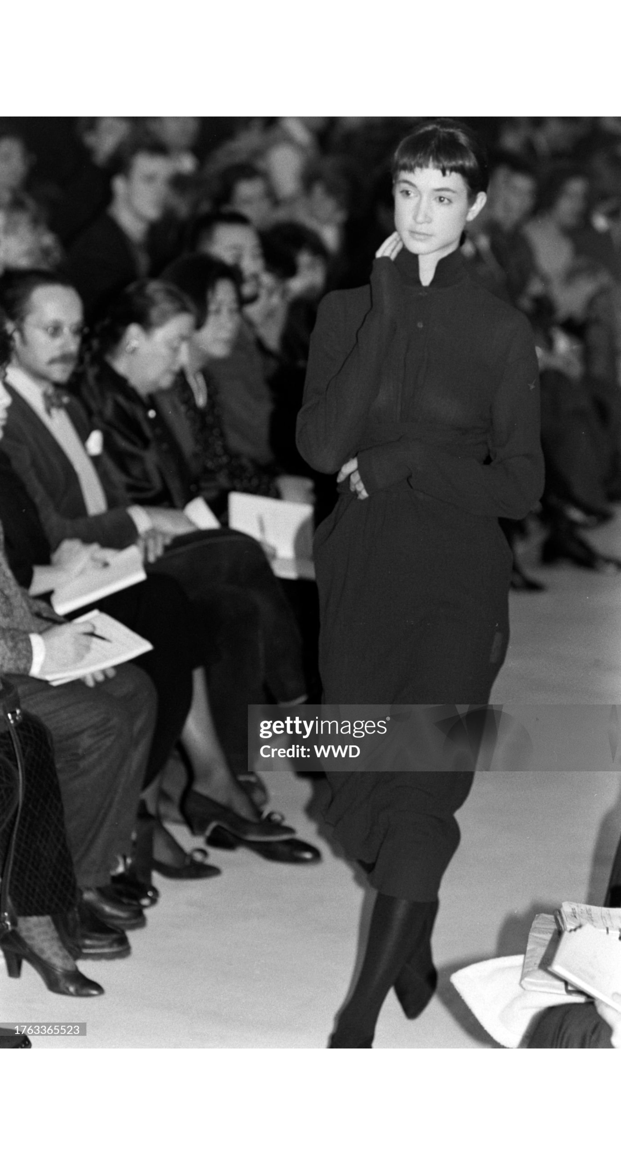 1987 Draped Black Cotton Voile High-Waisted Midi Skirt