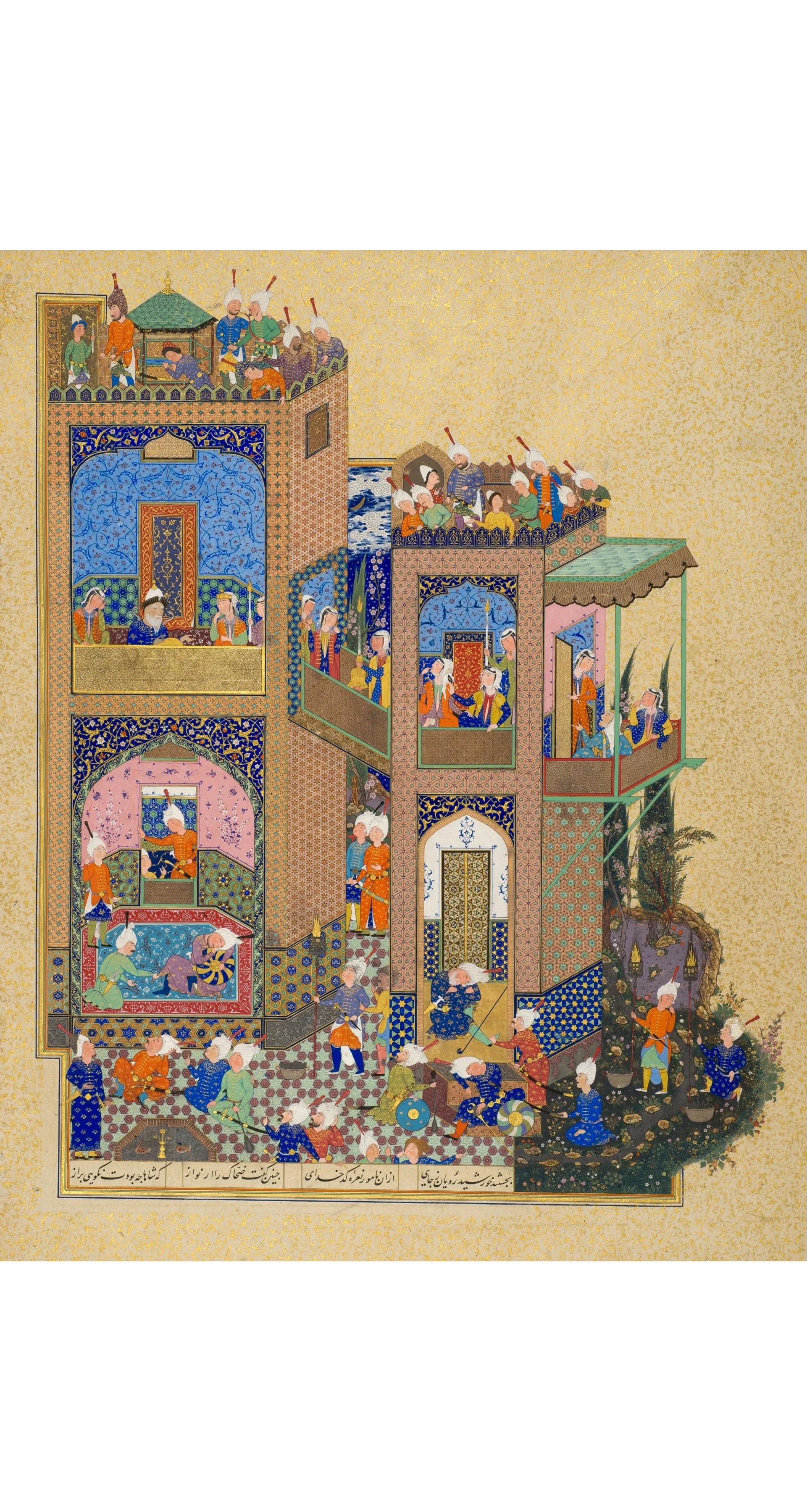 1970s Persian Scenic Print Jersey Knit Keyhole Dress