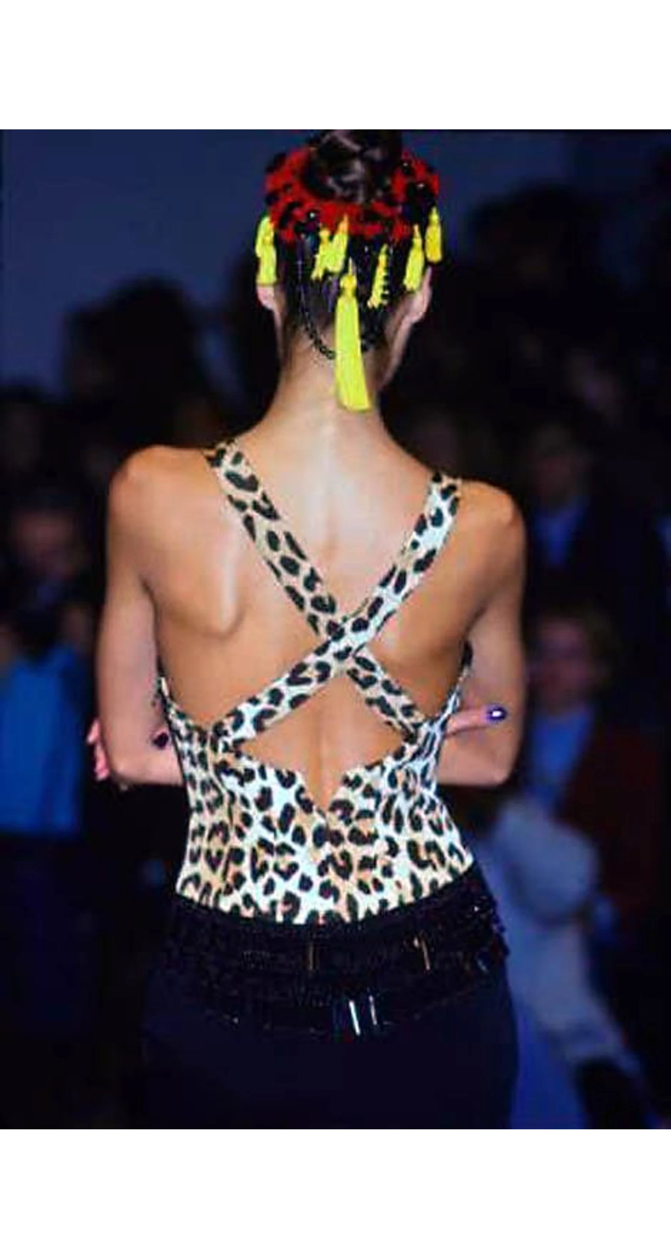 1989 S/S Zebra Print Beaded Fringe Cross-Back Mini Dress