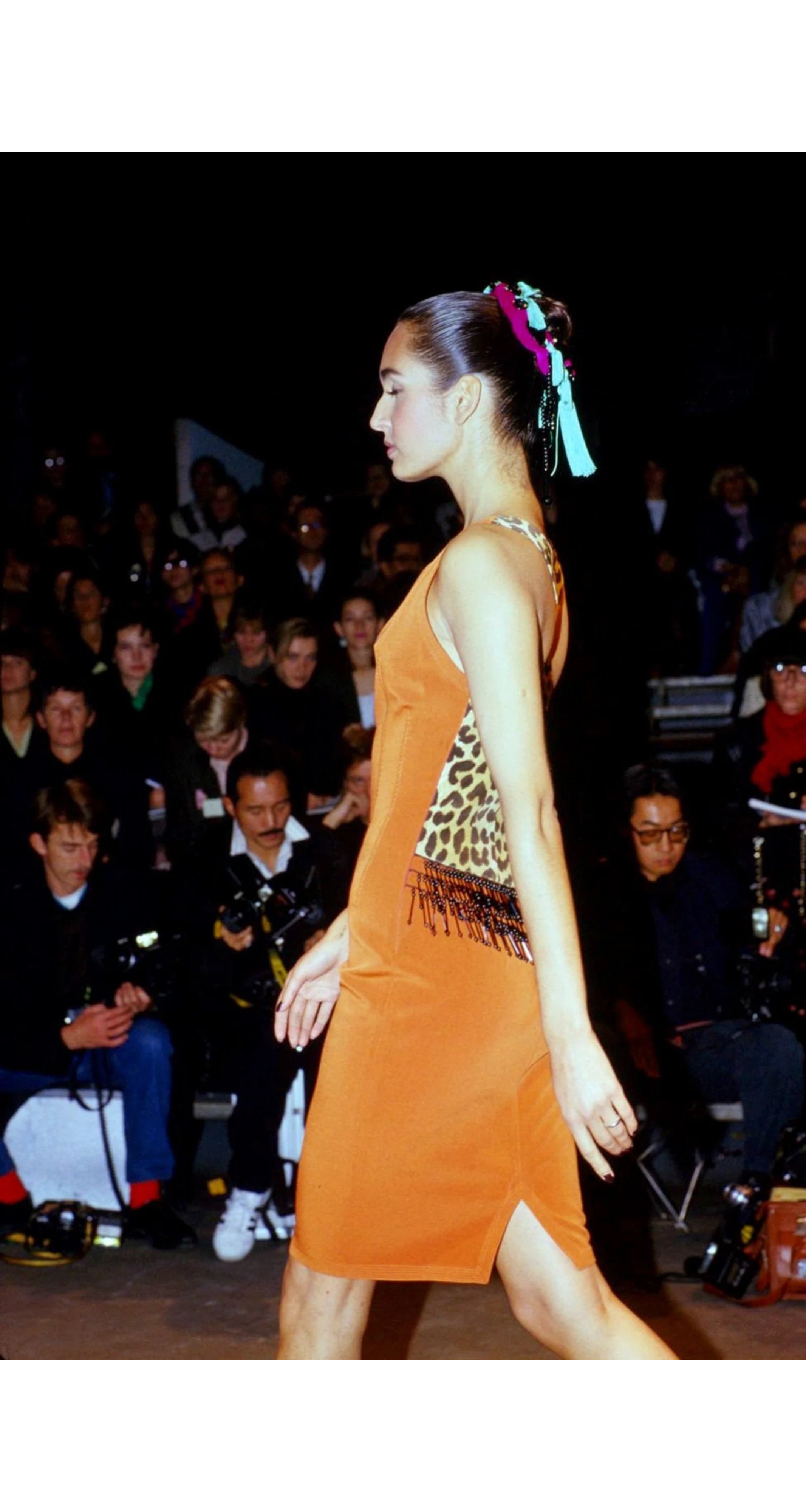 1989 S/S Zebra Print Beaded Fringe Cross-Back Mini Dress