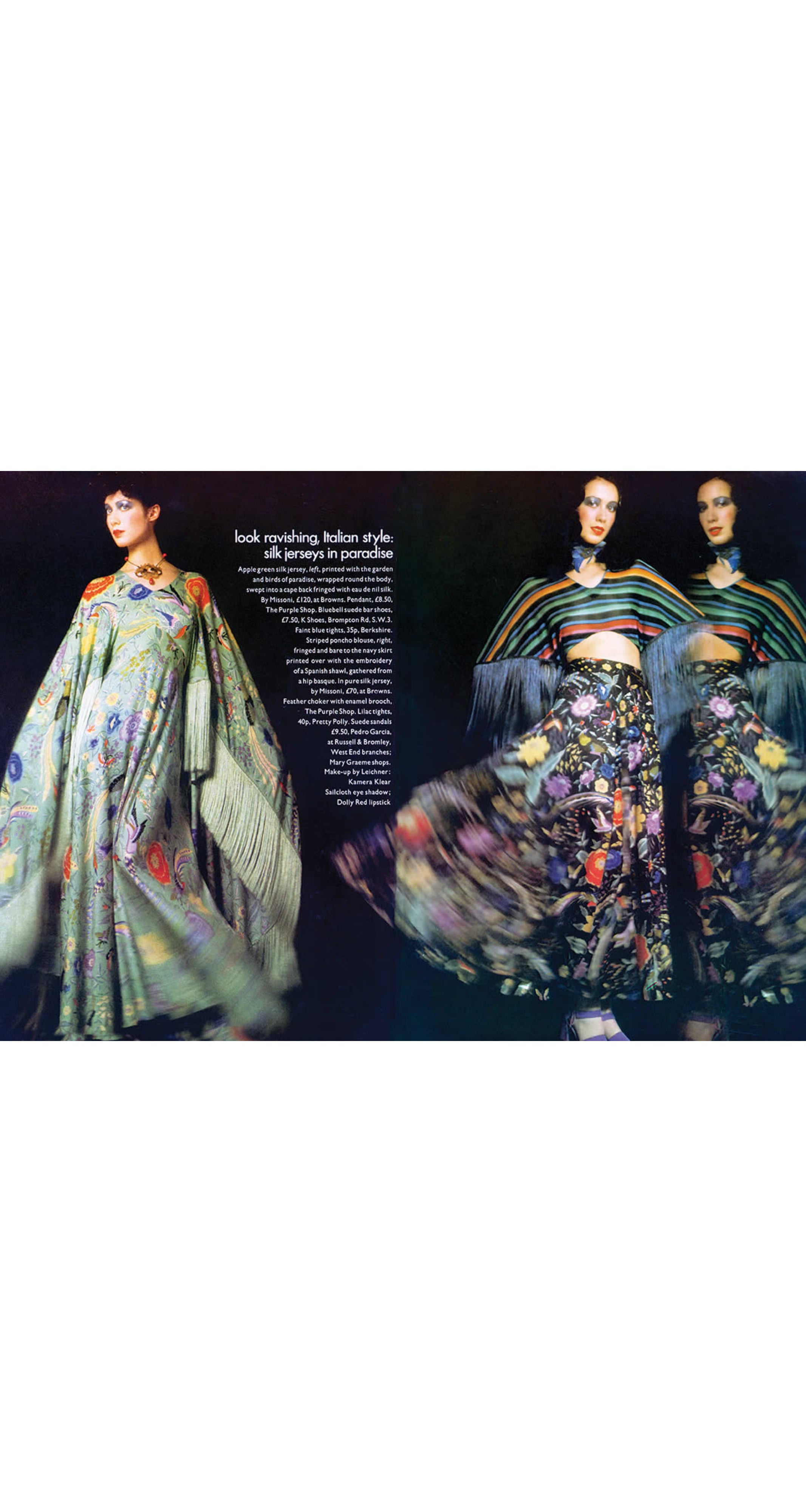 1971 S/S Floral Bird Print Black Jersey Fringe Piano Shawl