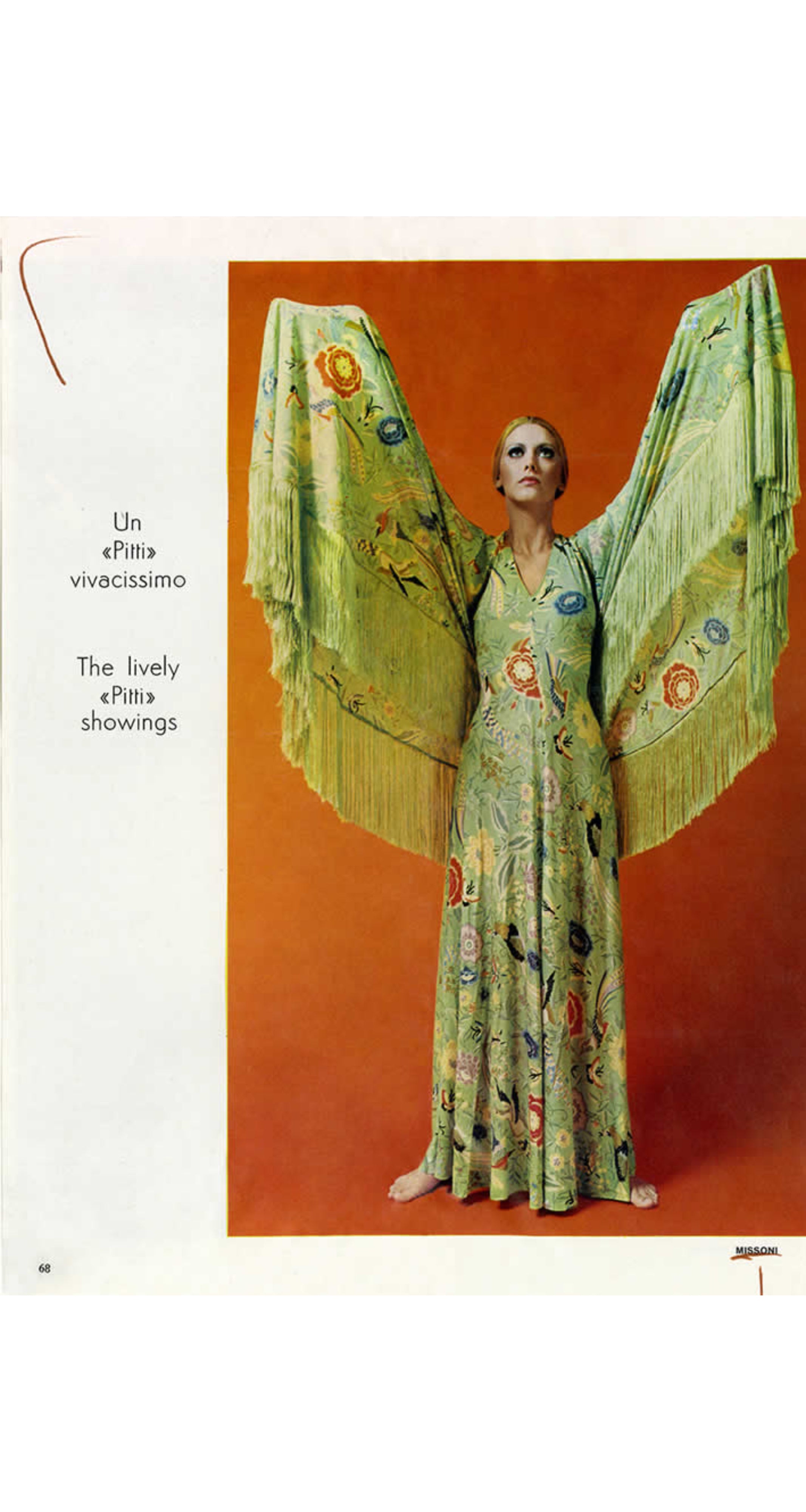 1971 S/S Floral Bird Print Black Jersey Fringe Piano Shawl