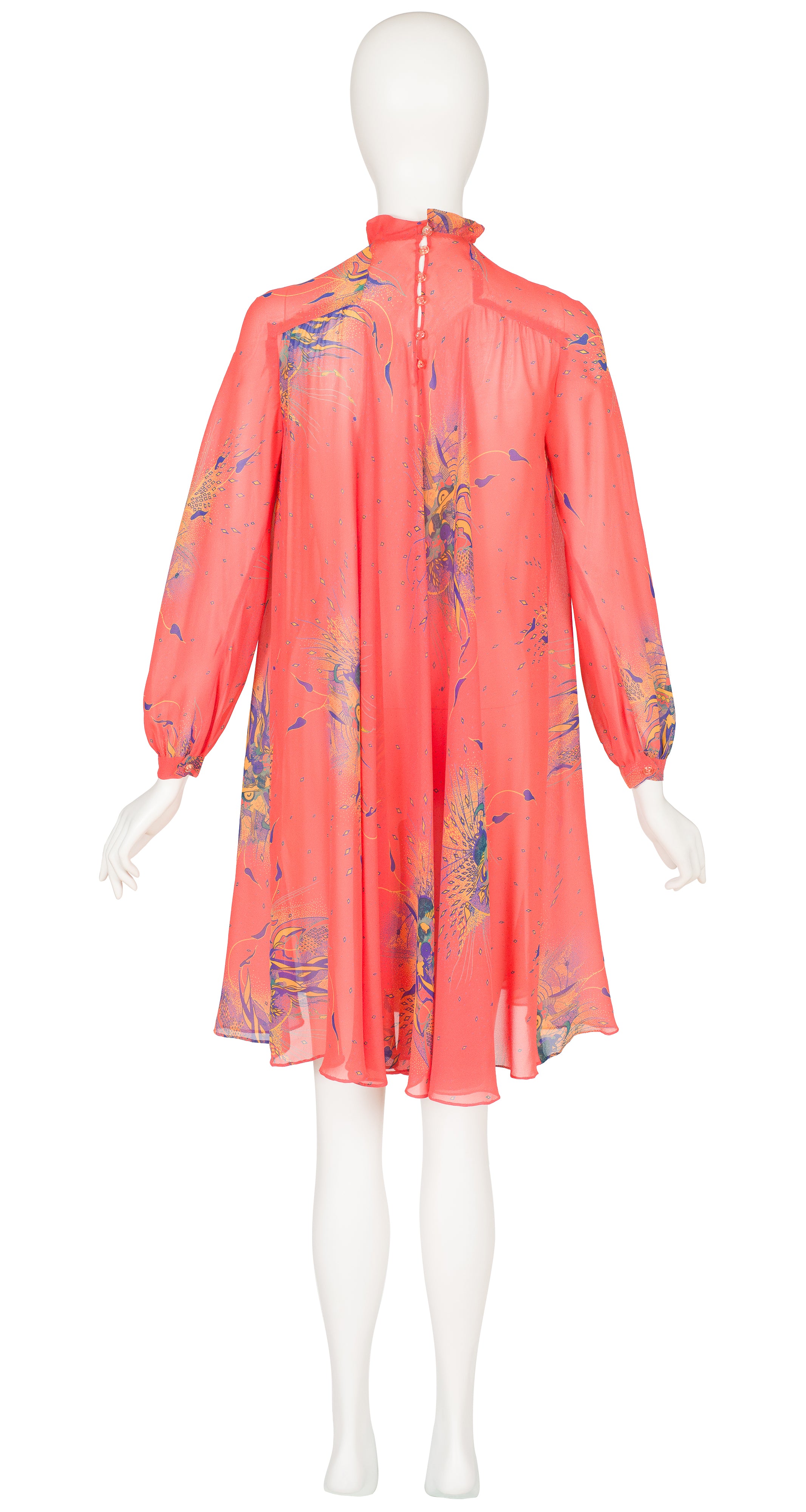 1980s Psychedelic Print Salmon Rayon Chiffon Tent Dress