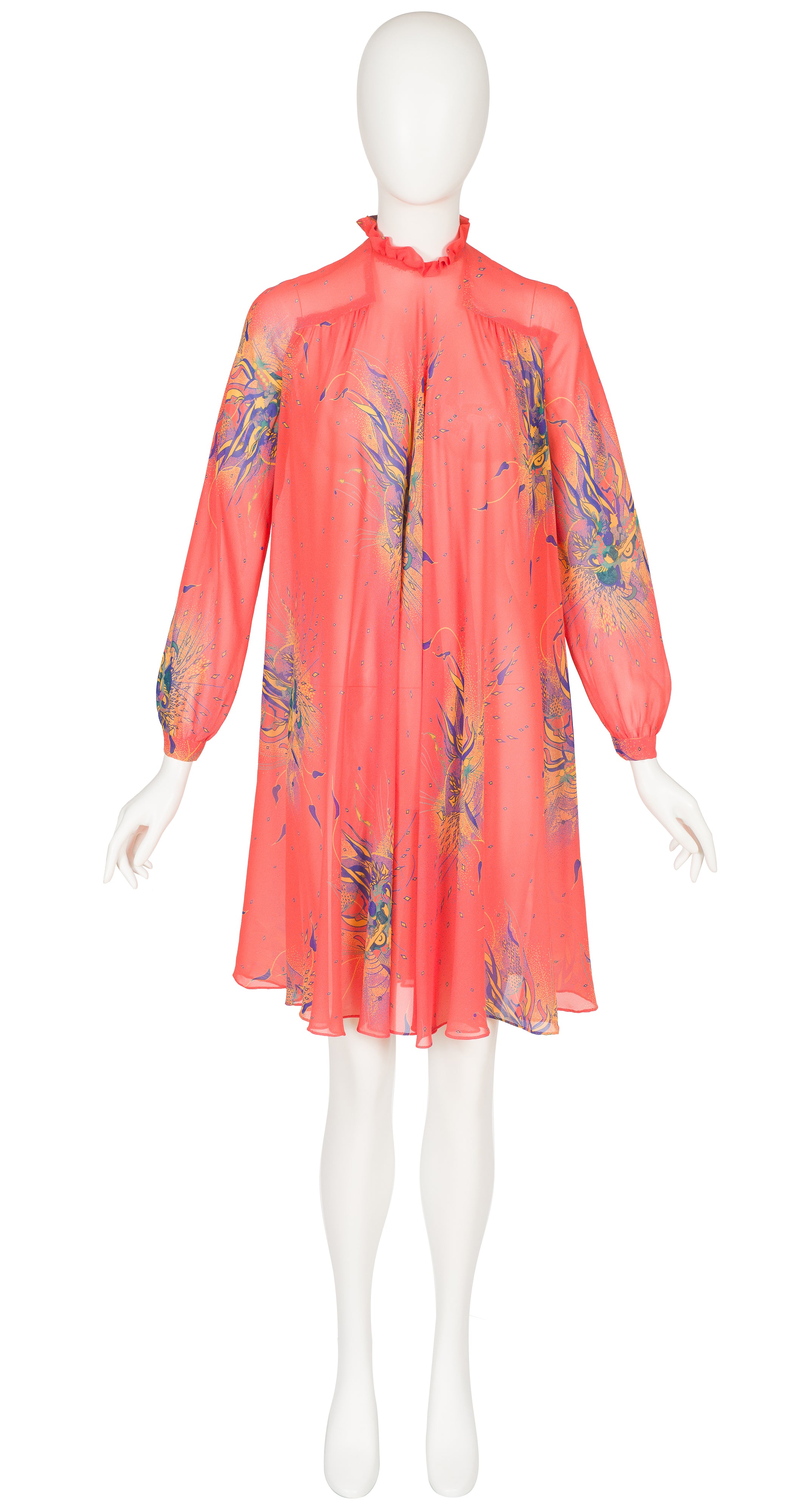 1980s Psychedelic Print Salmon Rayon Chiffon Tent Dress