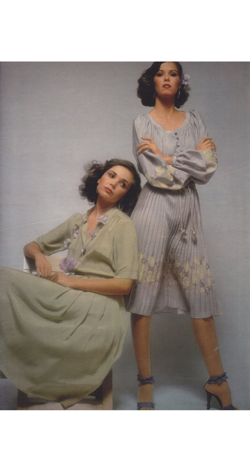 1978 F/W Floral Beige Silk Pleated Balloon Sleeve Dress