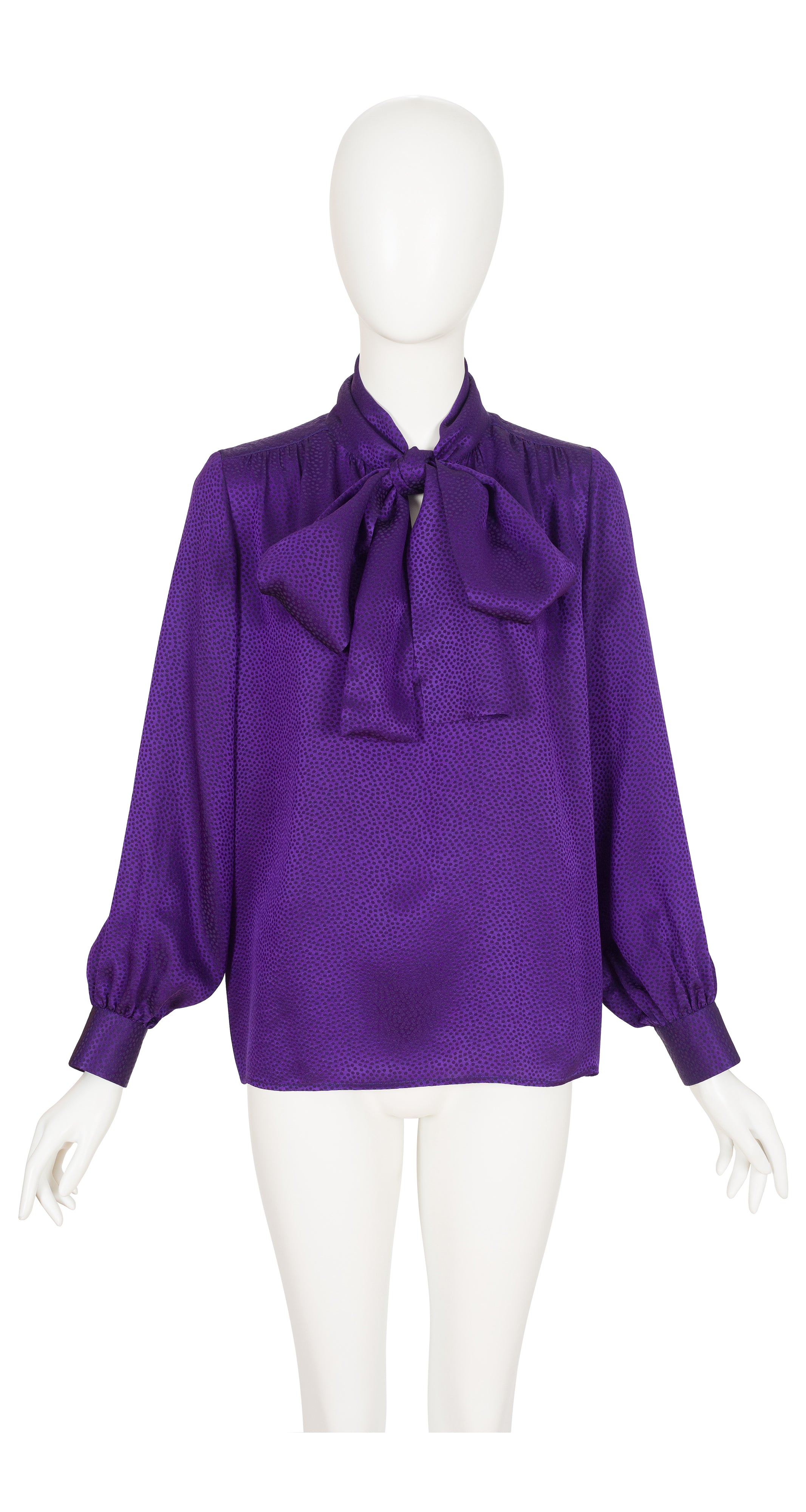 1980s Purple Dotted Silk Jacquard Tie-Neck Blouse