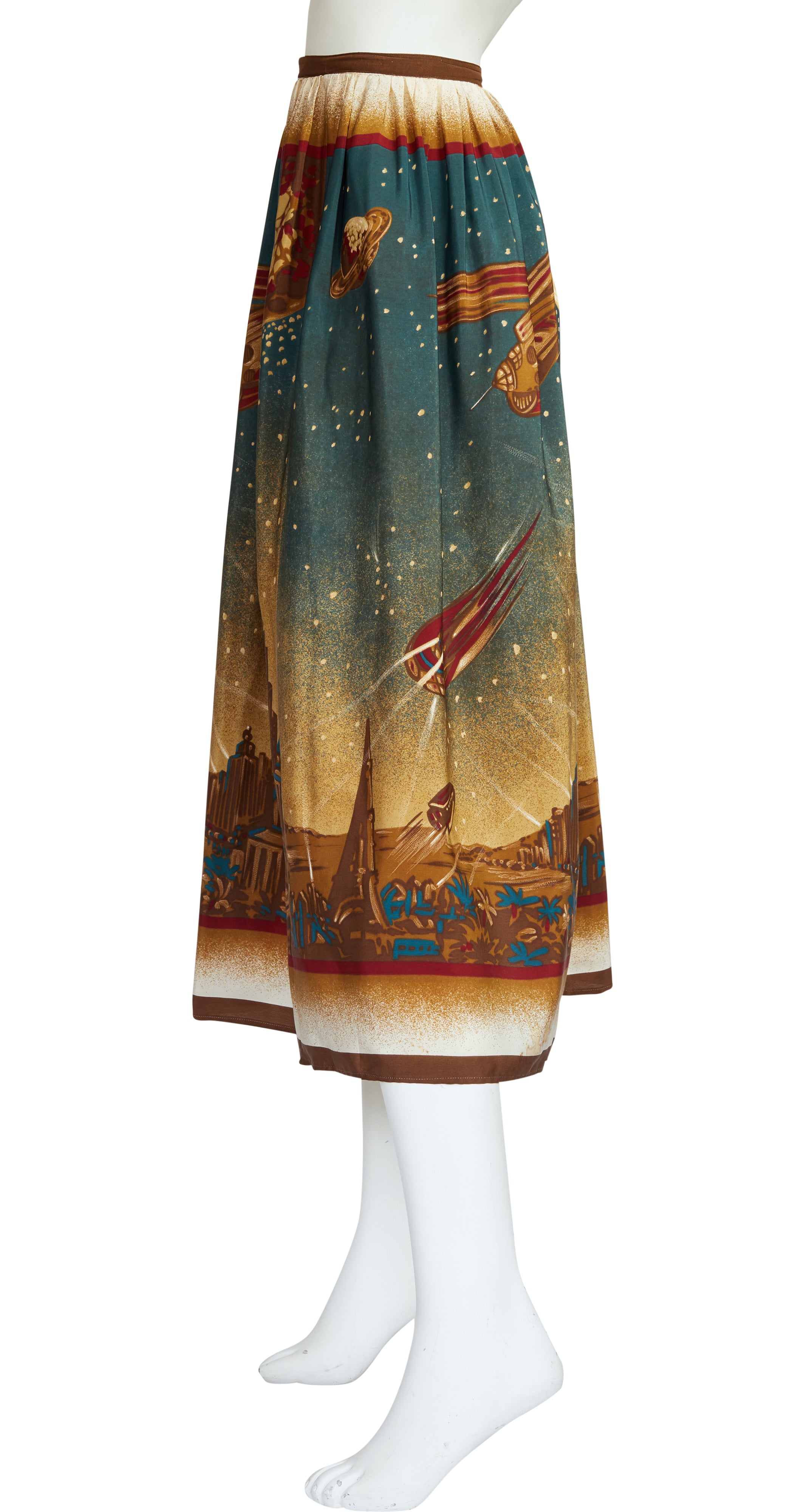 1980s "Metropolis" Futuristic Novelty Print Silk Midi Skirt