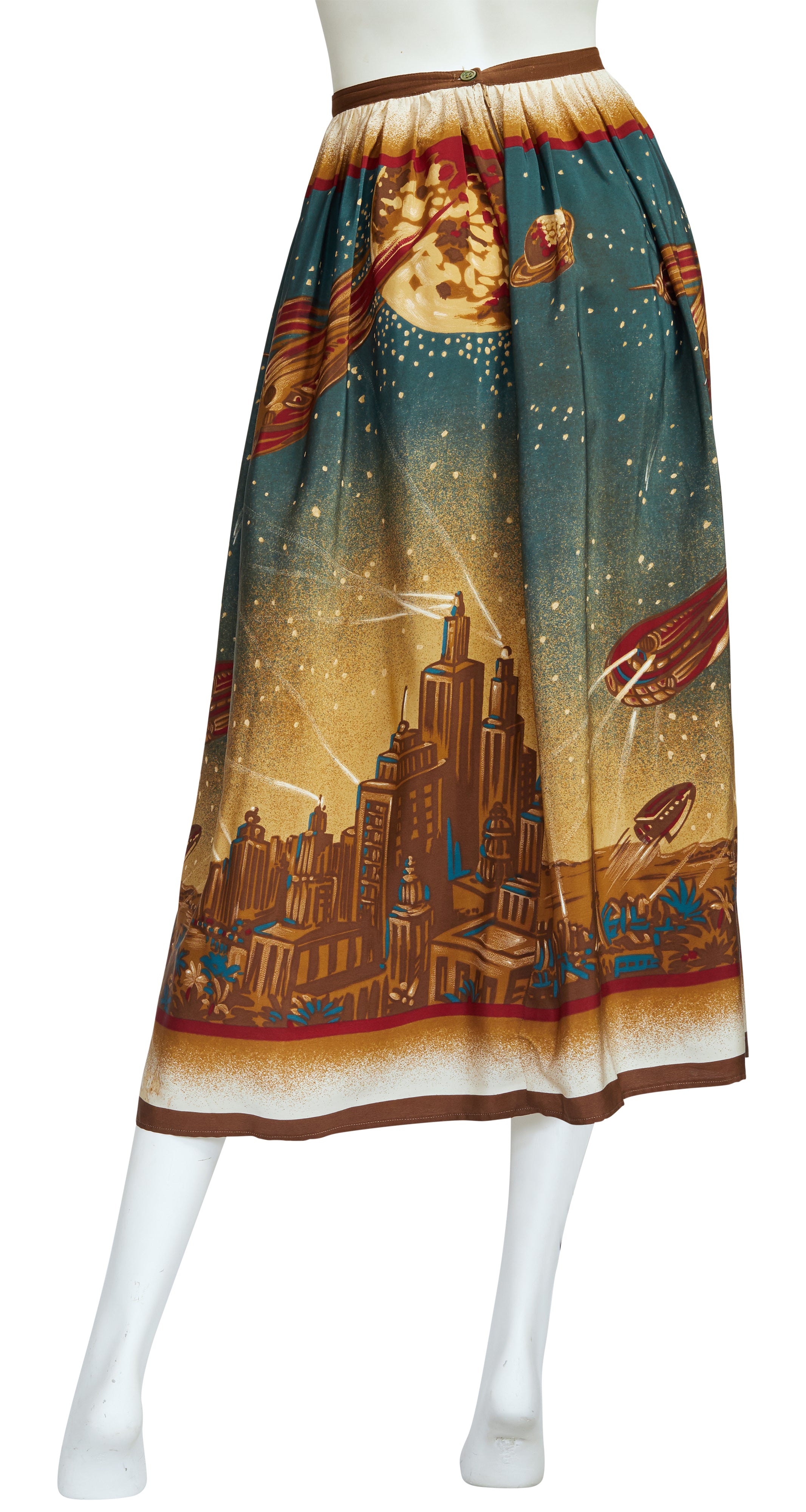 1980s "Metropolis" Futuristic Novelty Print Silk Midi Skirt