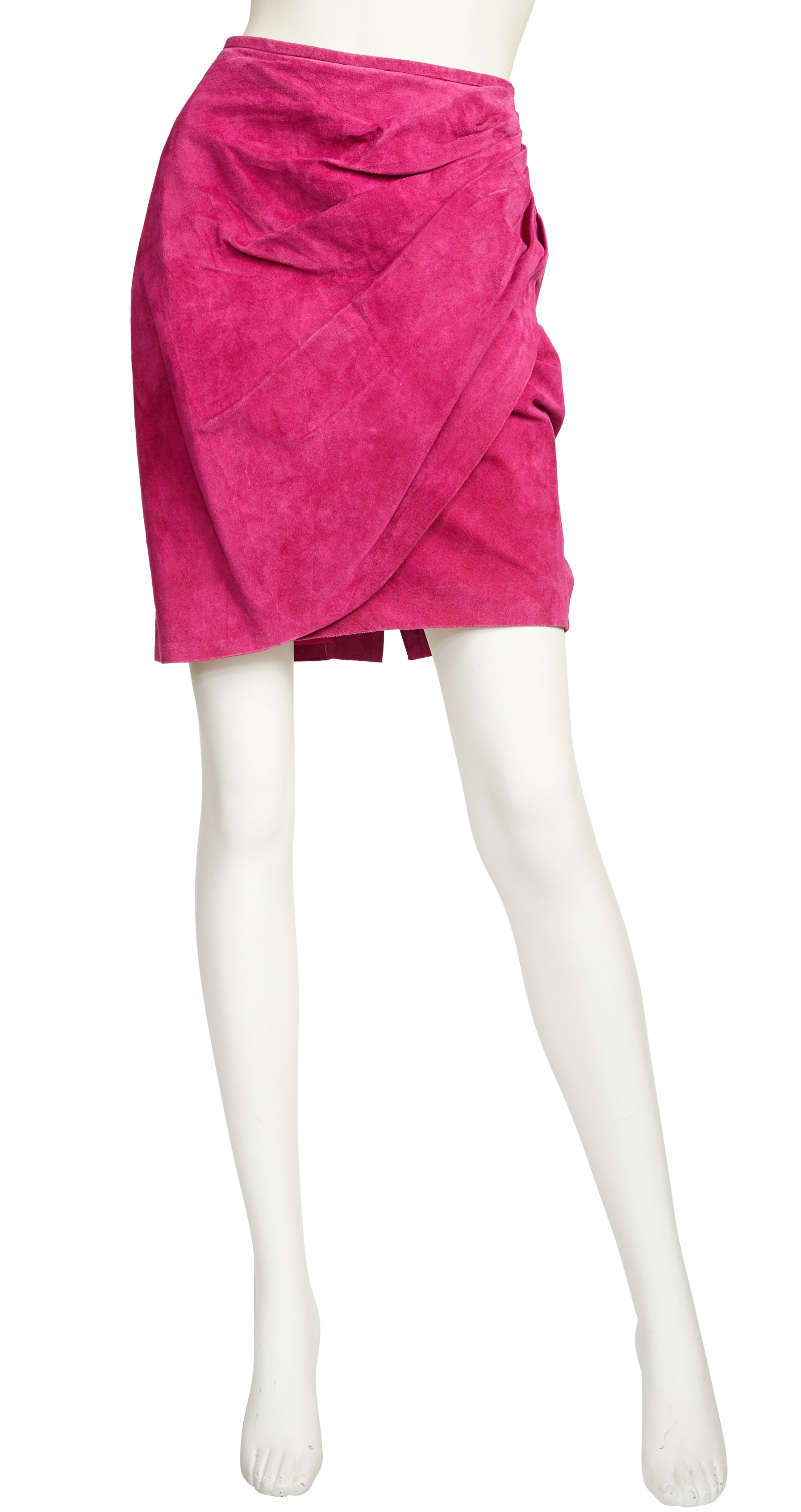 1980s Hot Pink Ruched Suede Mini Skirt
