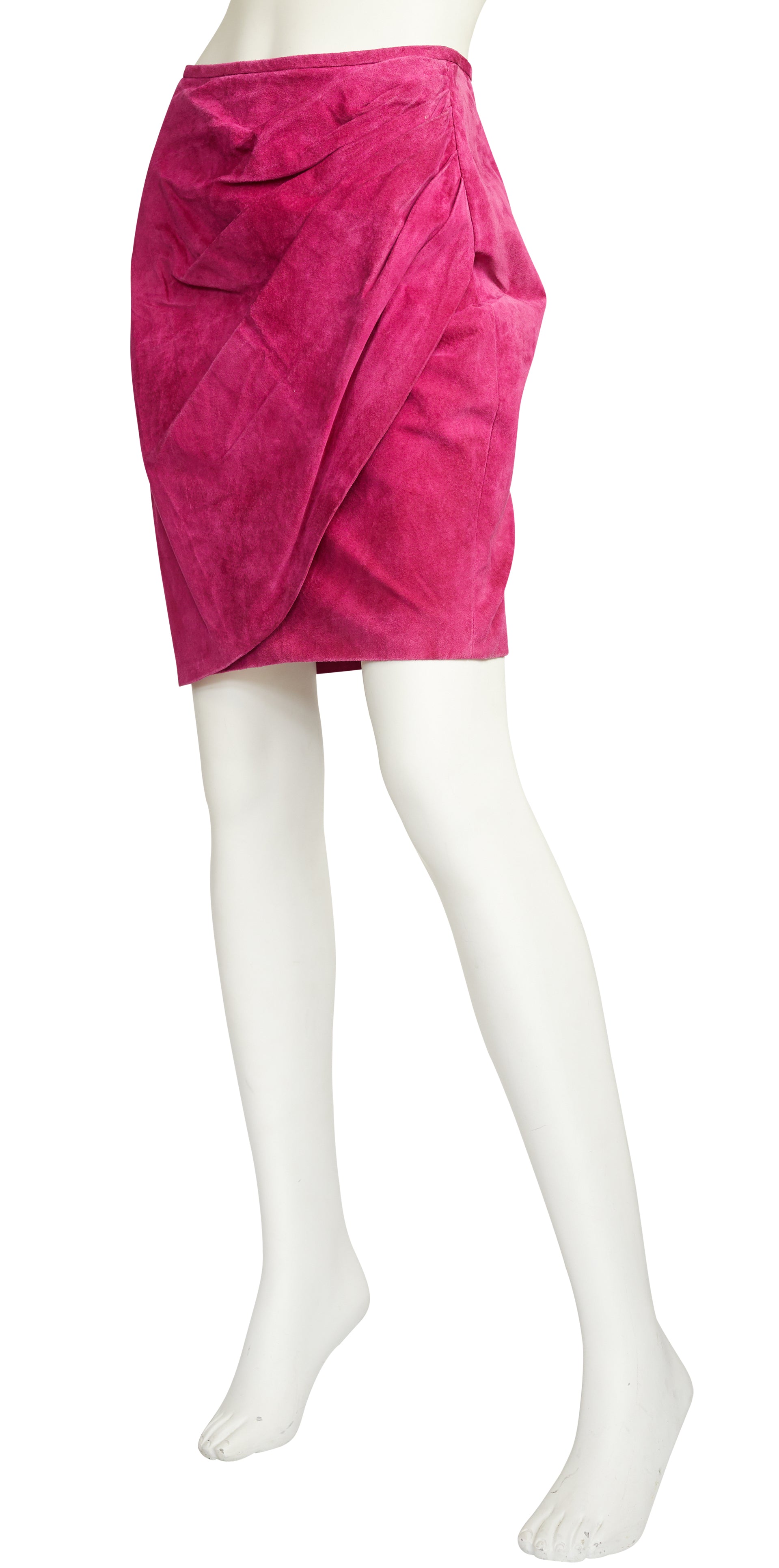 1980s Hot Pink Ruched Suede Mini Skirt