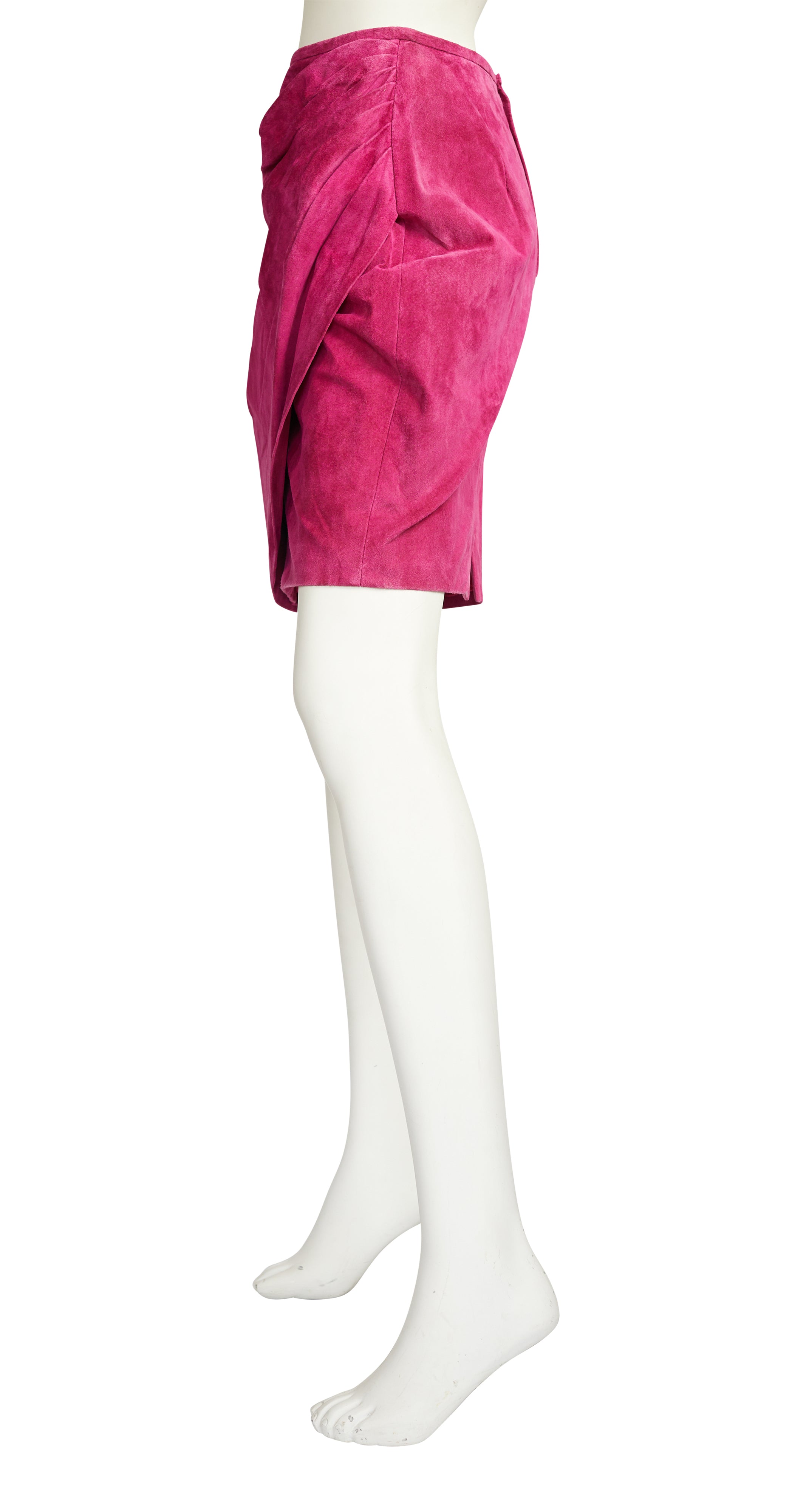 1980s Hot Pink Ruched Suede Mini Skirt