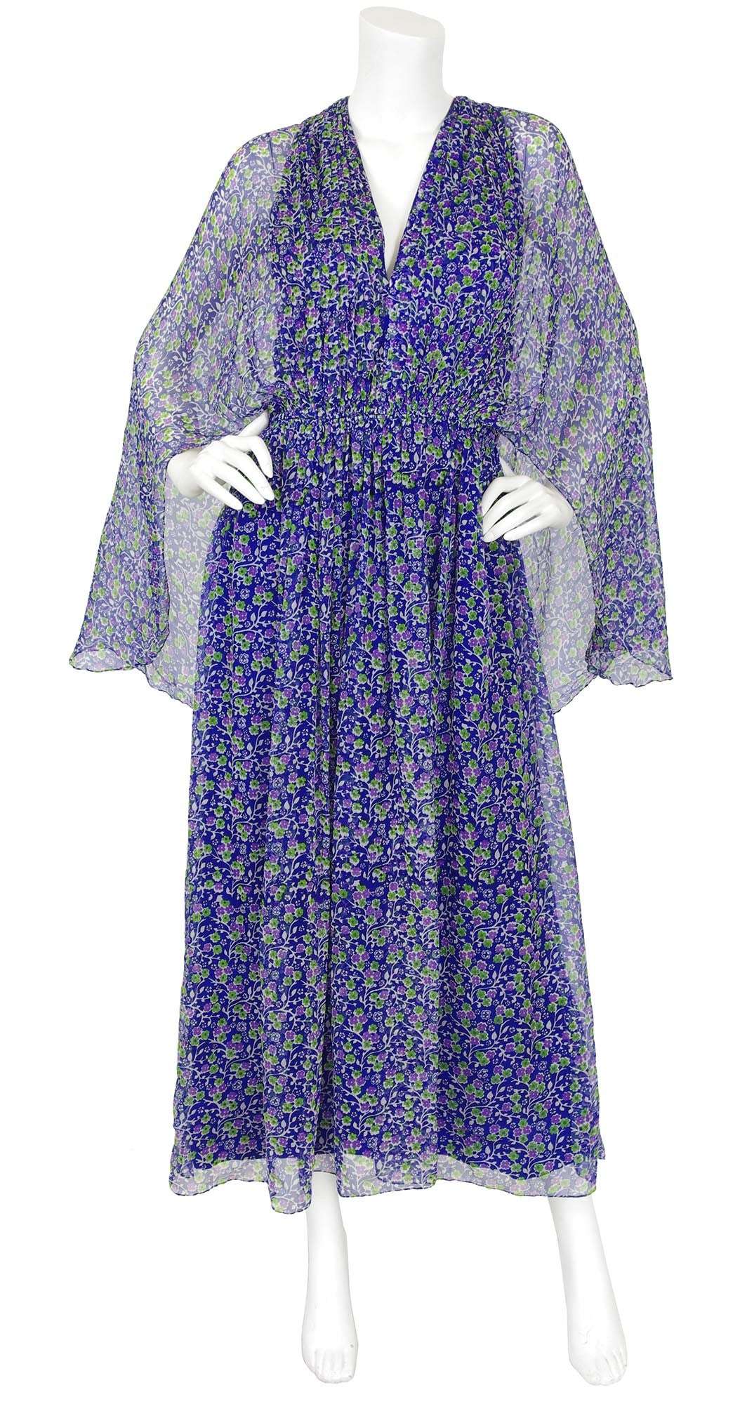 1970s Blue Floral Silk Chiffon Caftan Maxi Dress