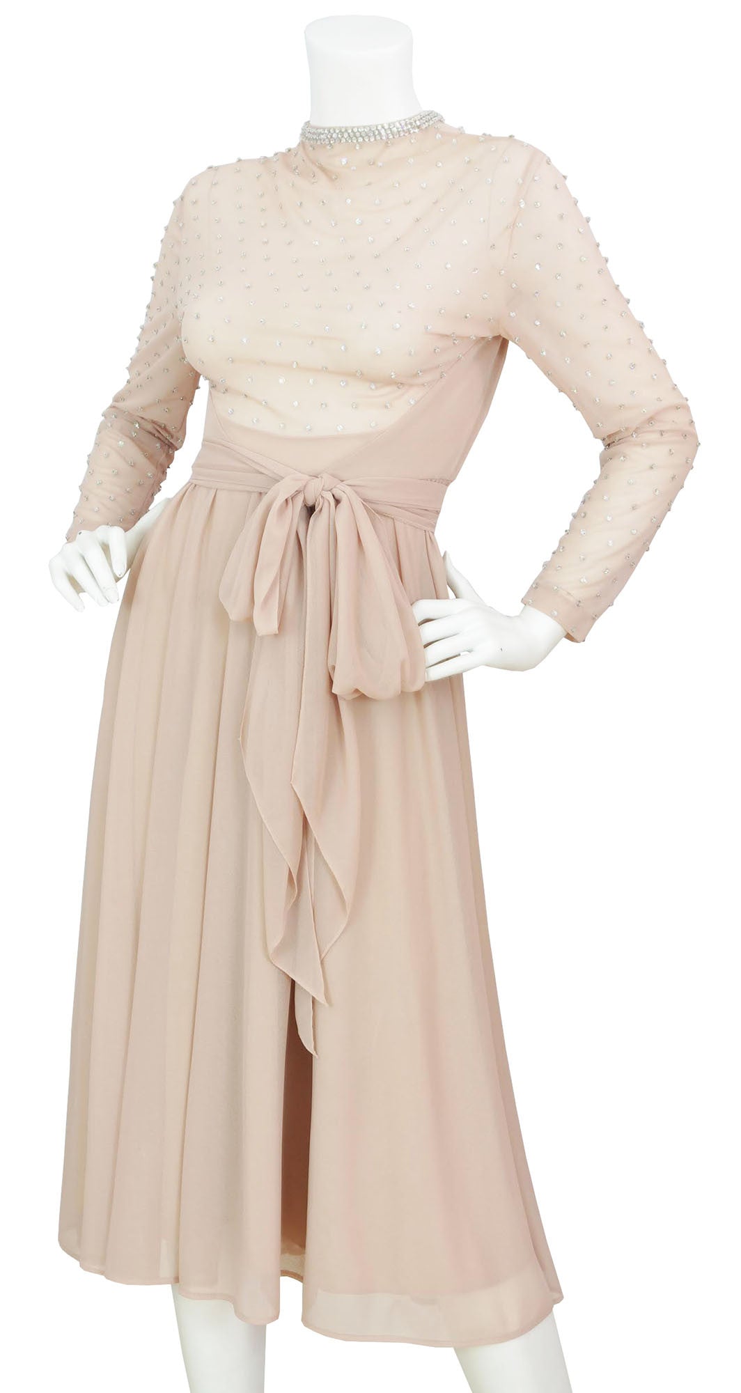 1970s Seductive Sheer Bust Beaded Nude Chiffon Evening Dress