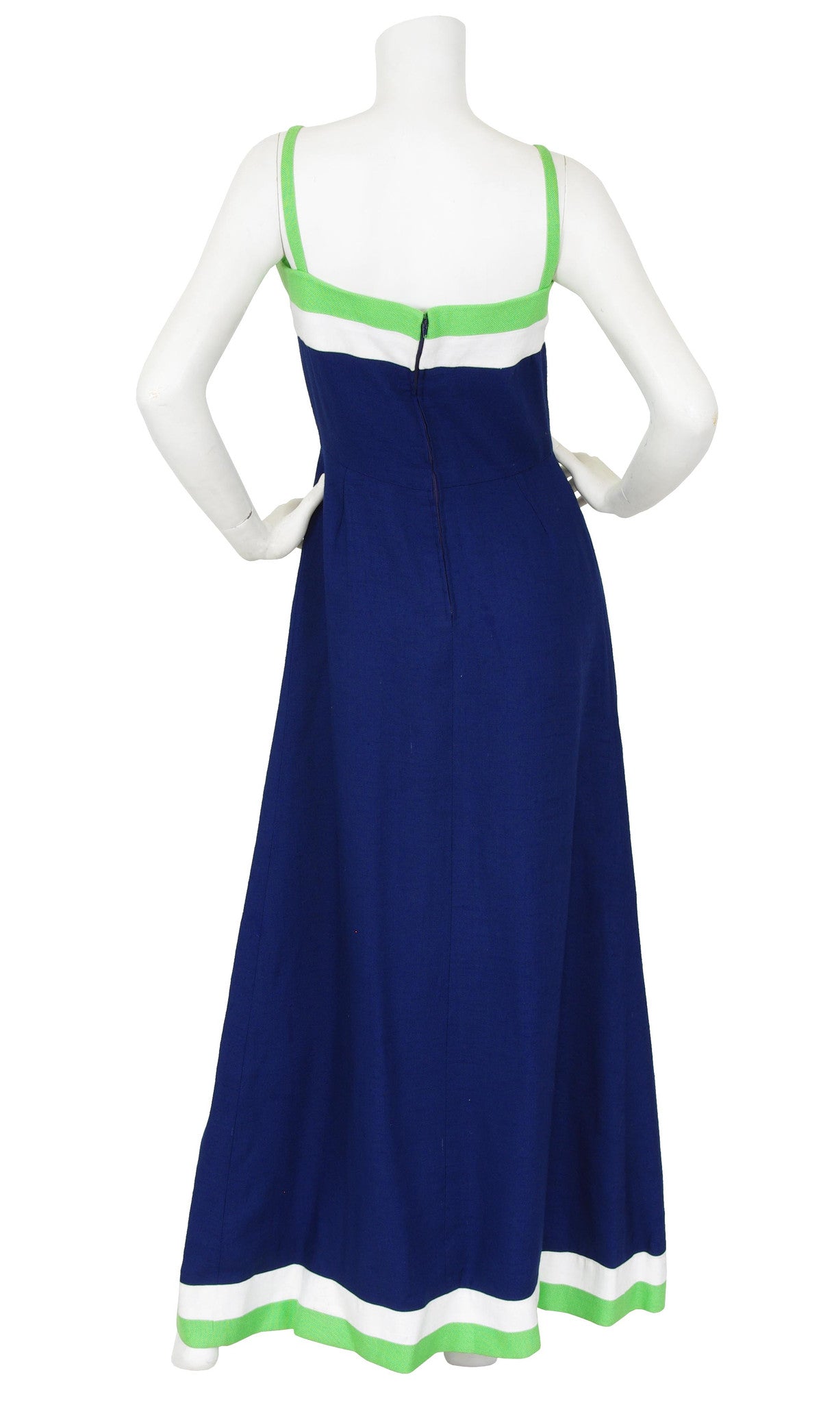 1970s Navy and Green Striped Linen Maxi Dress & Shawl